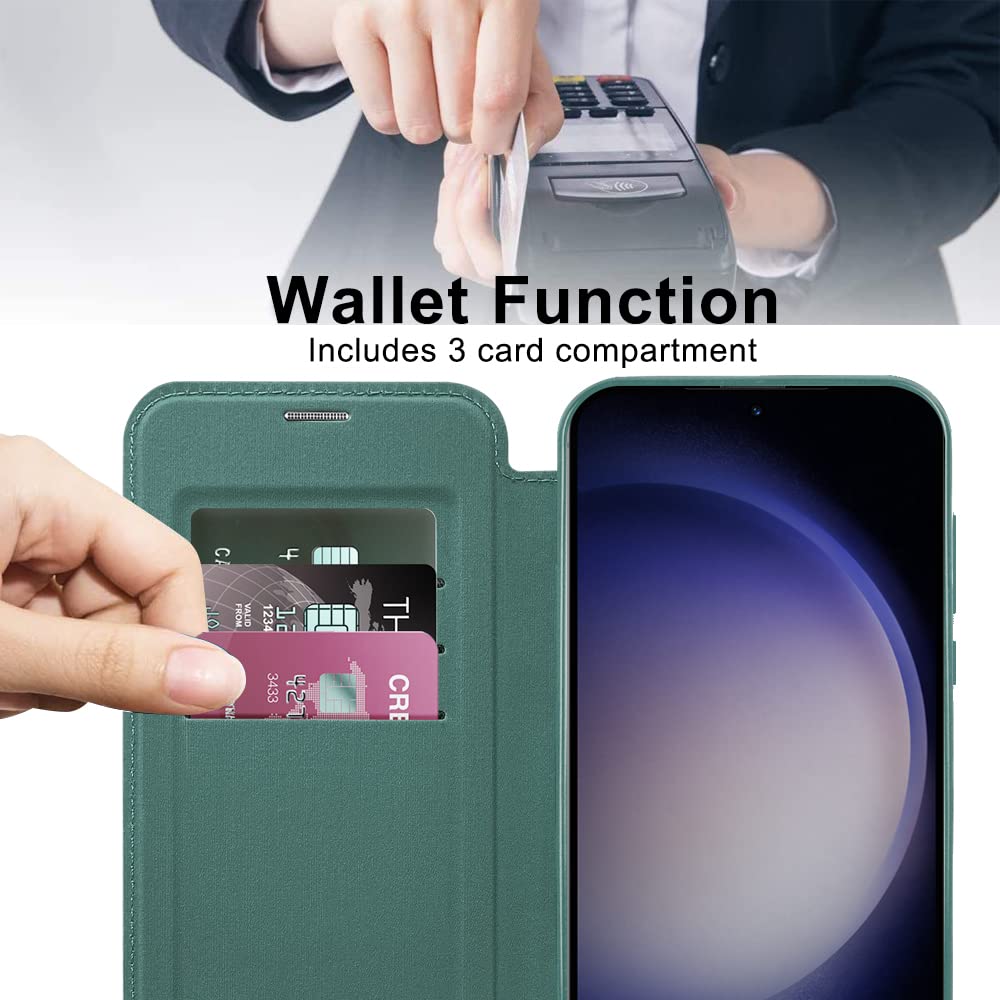 Magnetic Flip Wallet Case for Samsung Galaxy S22 - Shockproof PU Leather Cover with Card Slots & Magsafe Compatibility | Perfect for Everyday Use, Business Travel & Hands-Free Convenience (Green)