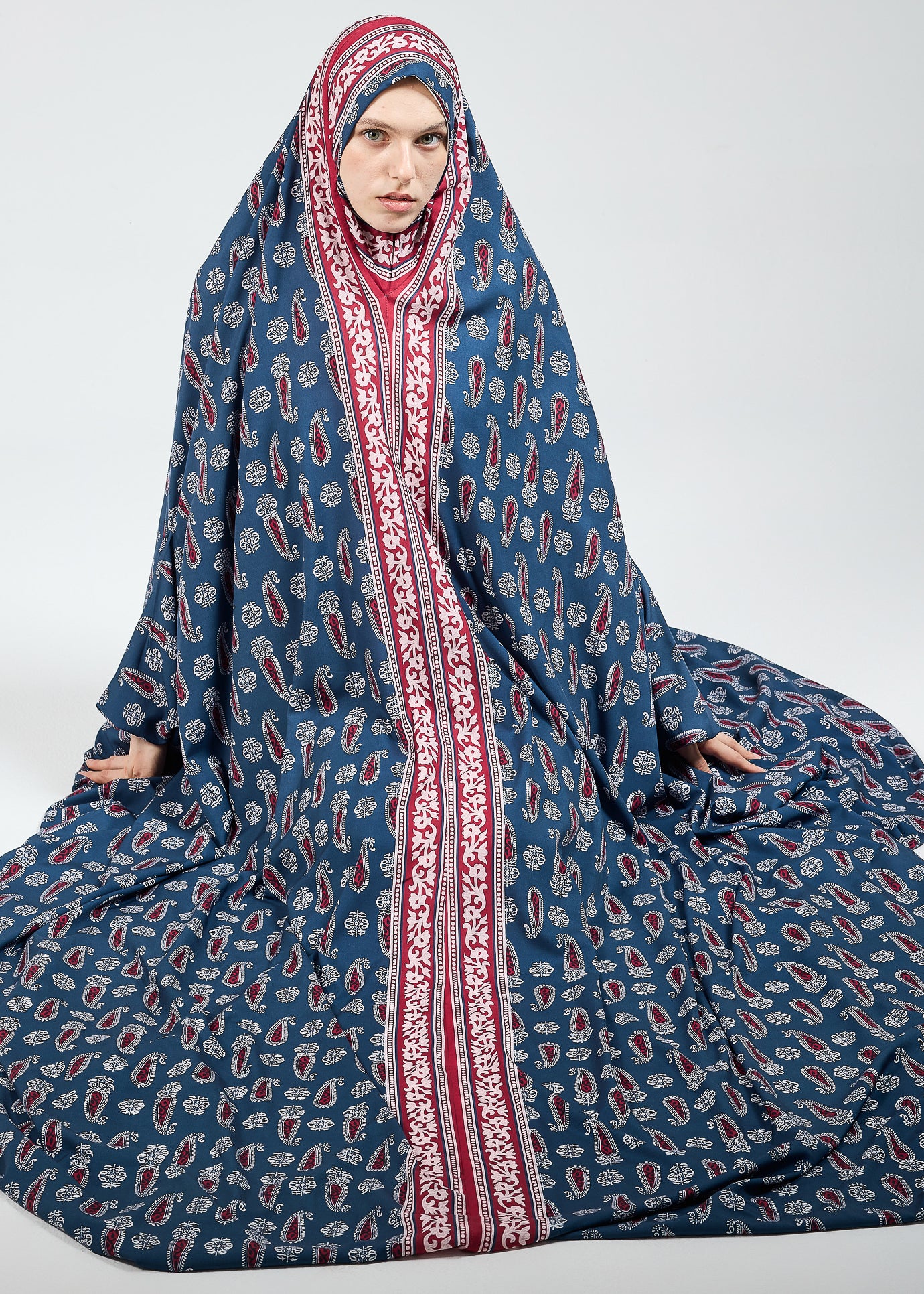 Meera Elegant Satin Prayer Gown with Ornate Paisley Design - Modest Islamic Prayer Dress for Women - Perfect for Salah, Eid, Ramadan & Special Occasions