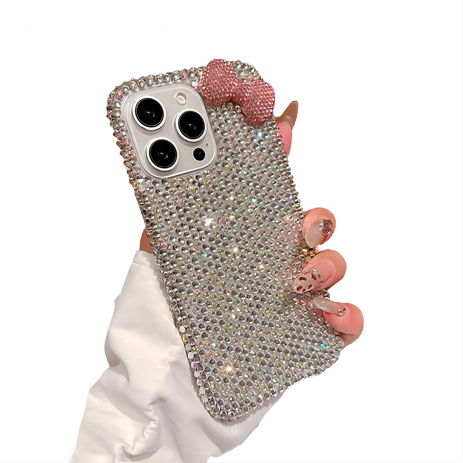 UMICASE Cute Glitter Rhinestone Bling Bow iPhone 13 Pro Max Case - Shockproof Fall Protection Phone Cover for Girls | Perfect for School, Parties & Everyday Use (White)