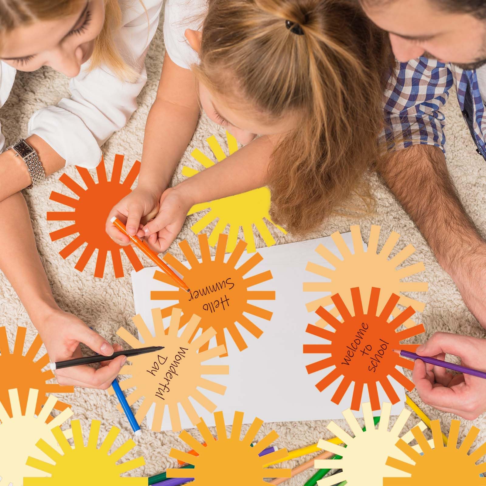 Boho Sun Cutouts - 48Pcs Groovy Sun Paper Cut-Outs with 100 Glue Points for DIY Craft, Summer Bulletin Board Decor, First Birthday Party, Classroom Wall Decoration, Baby Shower & Home Decor Supplies