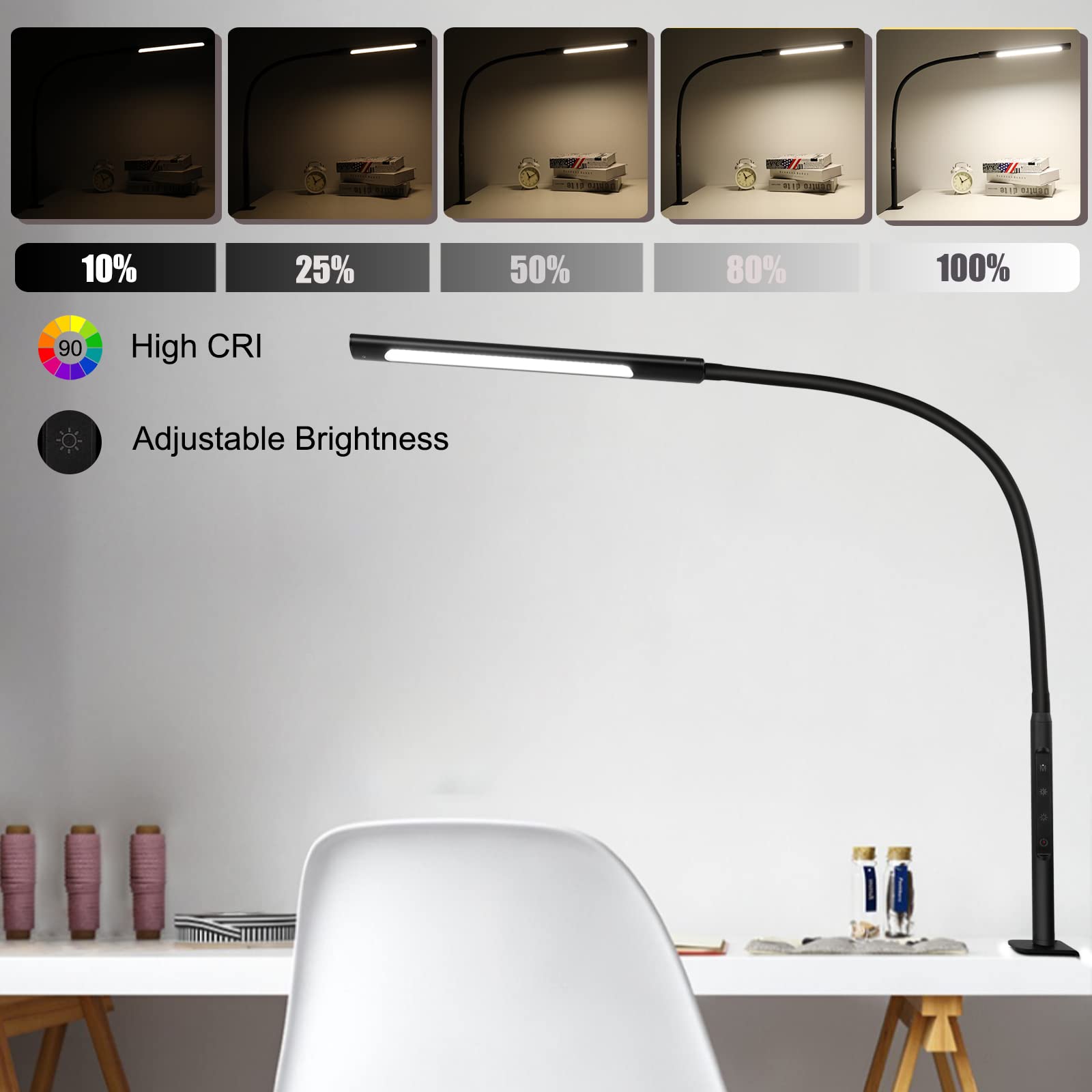 Adjustable LED Desk Lamp with Eye-Caring Technology - 12W Gooseneck Clamp Light with Memory & Timer, 3 Color Temperatures for Home Office, Study, Reading & Crafting - Black