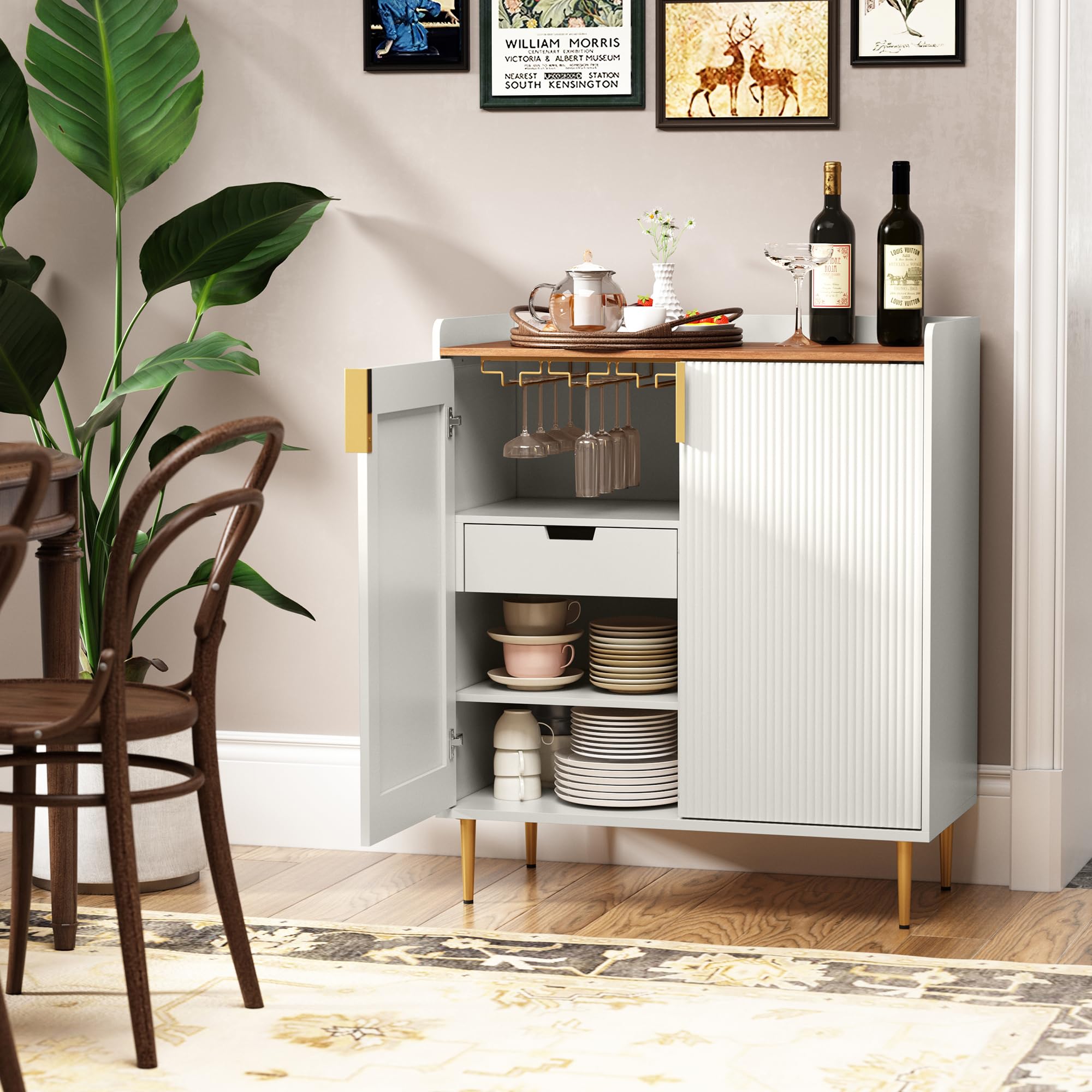 Modern White Wine Bar Cabinet with Fluted Texture - Freestanding Kitchen Buffet Sideboard with Wine Rack & Glass Holder for Dining Room, Living Room | Perfect for Home Entertaining, Wine Storage & Stylish Kitchen Organization