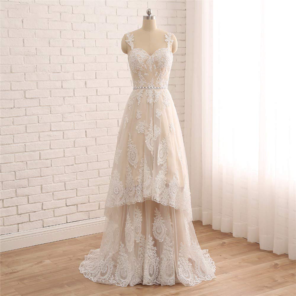 Elegant Tsbridal Detachable Lace Skirt Wedding Dress with Spaghetti Straps | High-Low Hem Bridal Gown for Beach, Garden & Outdoor Ceremonies