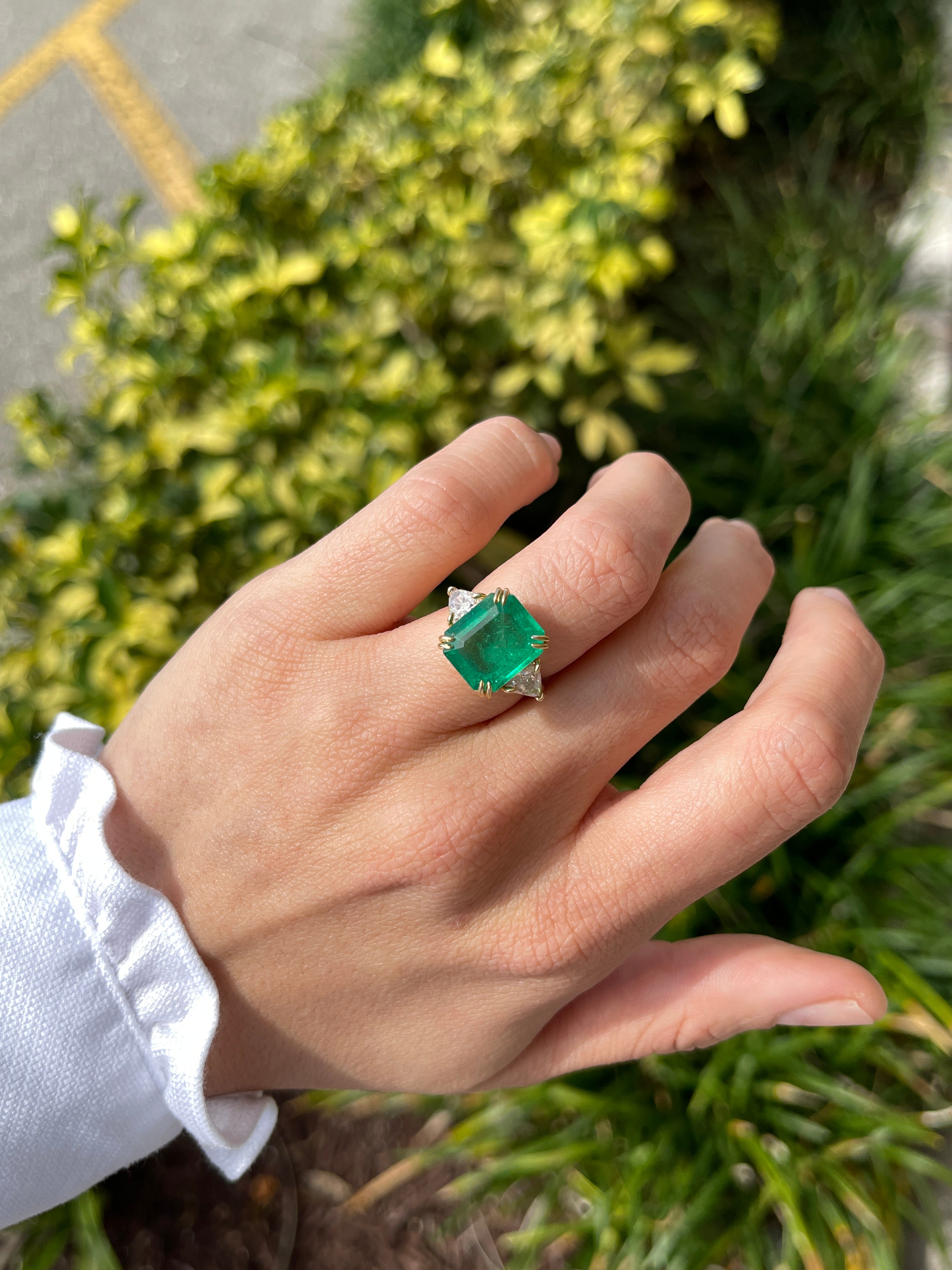 7.15tcw Muzo Colombian Emerald & Natural Trillion Diamond Three Stone 18K White Gold Ring - Elegant Jewelry for Engagement, Anniversary & Special Occasions