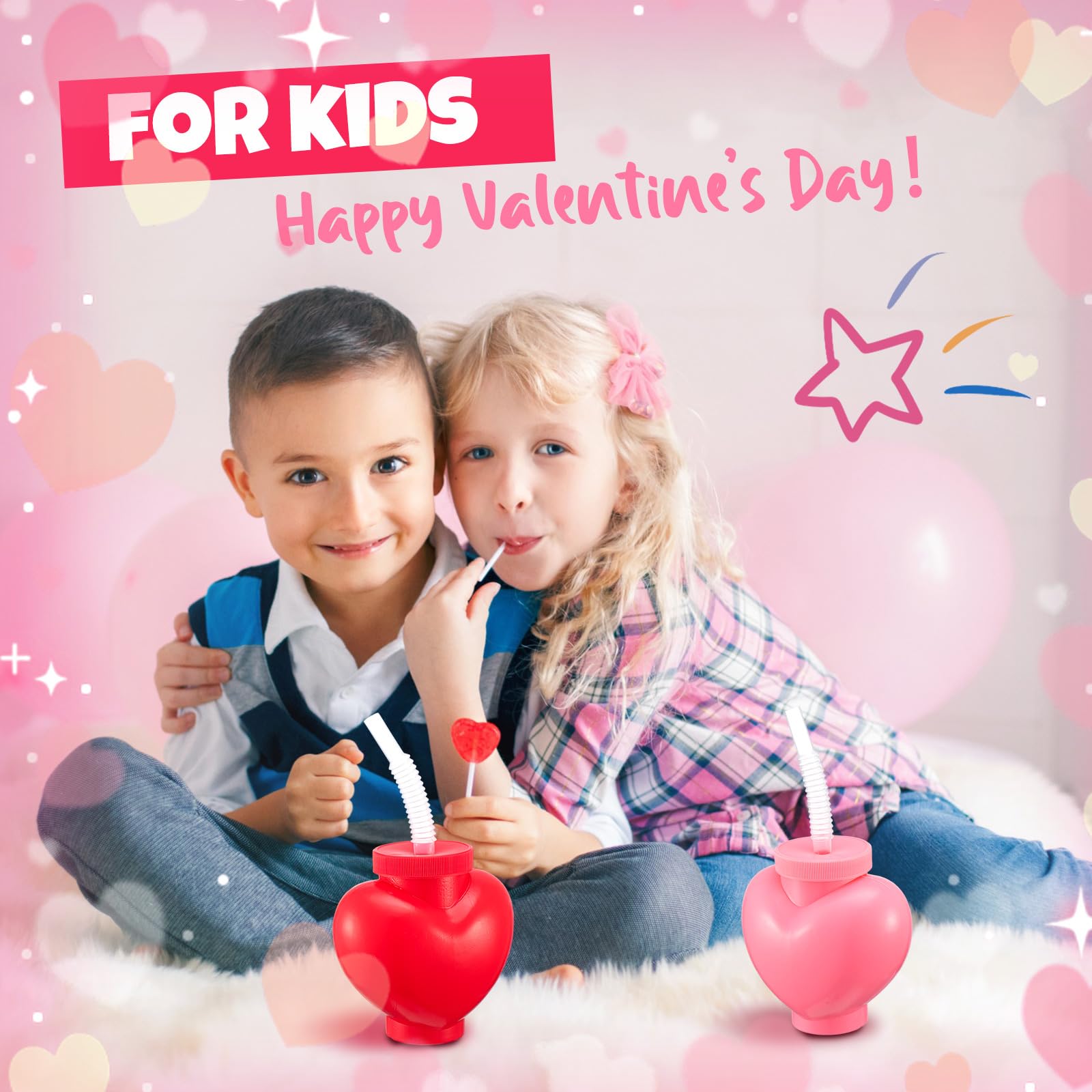 12 Pack Valentine's Day Heart Shaped Plastic Cups with Lids & Straws - 12 oz Romantic Party Cups for Kids Birthday, School Classroom Prizes, Wedding Favors - Perfect for Valentine's Parties, Bridal Showers & Gift Exchanges