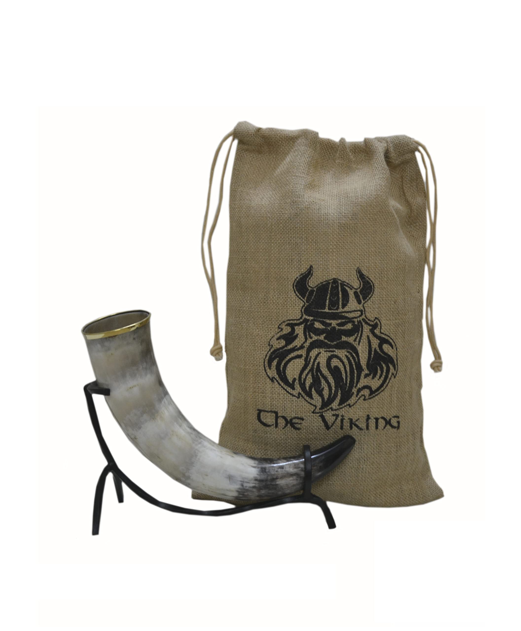 **Genuine Viking Drinking Horn with Iron Stand - Authentic Medieval Beer & Mead Drinking Cup - 16oz Capacity with Brass Embellishments & Jute Gift Bag - Perfect for Renaissance Fairs, Viking Themed Parties & Medieval Reenactments**