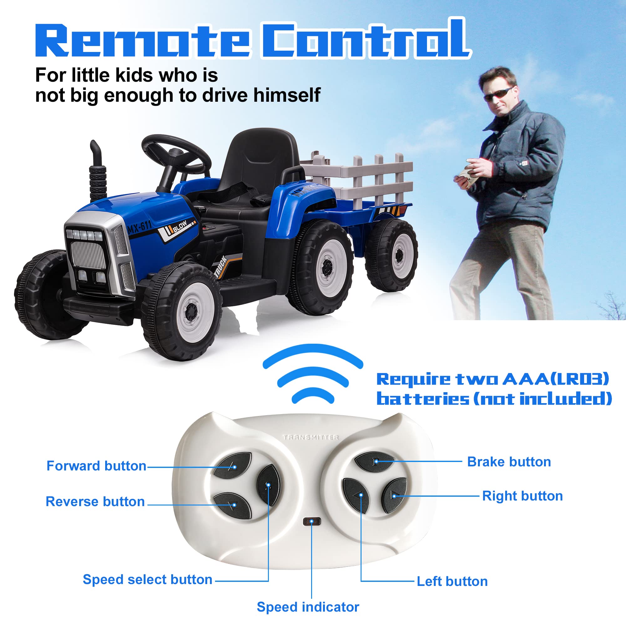 12V Kids Ride On Tractor with Detachable Trailer - Electric Toy Car with Remote Control, Bluetooth Music & USB Port | Dual Motor Powered Outdoor Toy for Toddlers & Children | Perfect for Backyard Play, Birthday Gifts & Outdoor Activities
