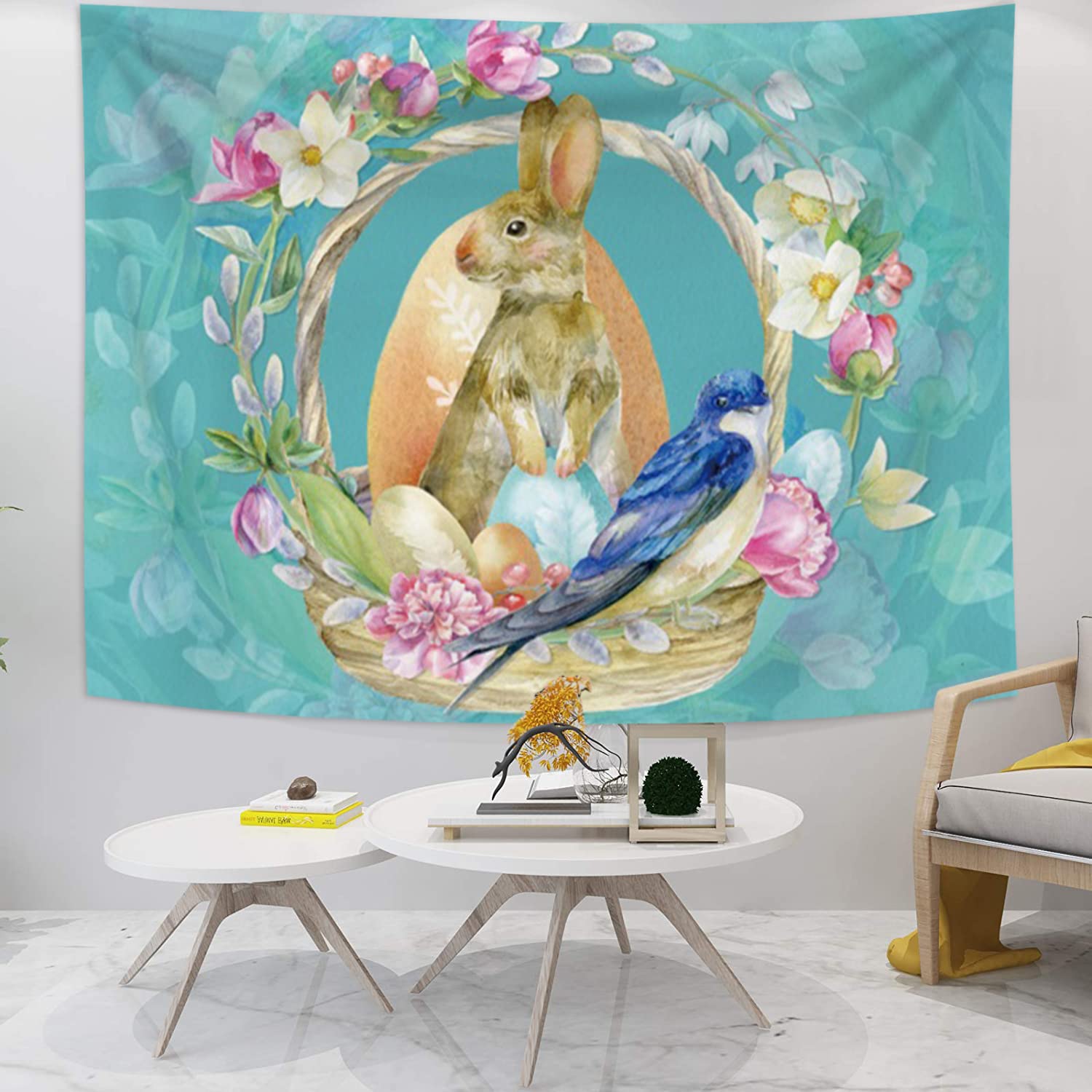 GKLEASG Easter Tapestry - Rabbit Bunny Bird Floral Blue Egg Wall Hanging Decor for Bedroom, Dorm, Living Room - 59.1x39.4 Inches - Perfect for Spring Home Decor, Easter Party Backdrop & Boho Room Aesthetic
