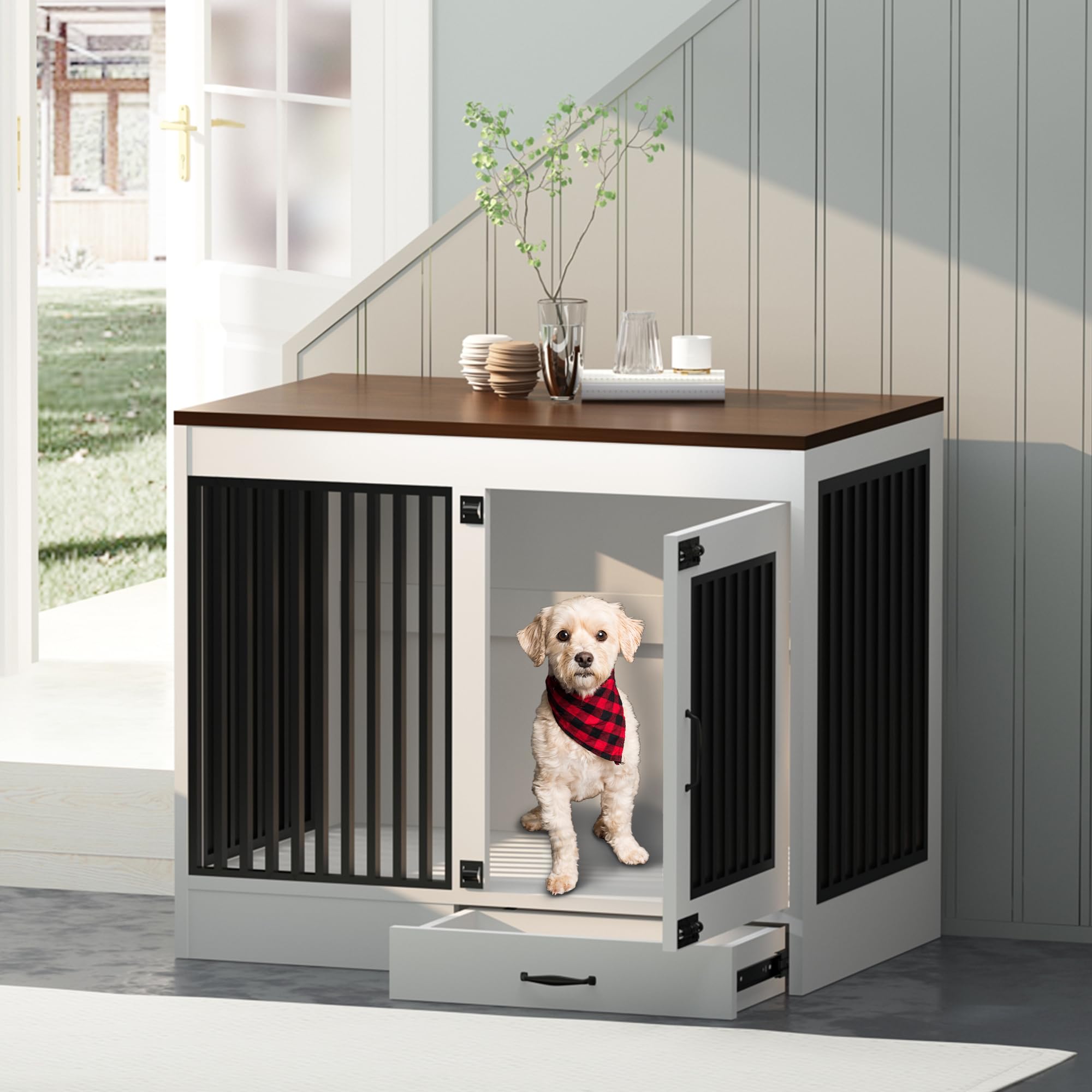 Heavy Duty White Wood & Metal Dog Crate Kennel - Large Pet House with Drawer & Pull-Out Design - Indoor Furniture End Table for Dogs | Perfect for Living Rooms, Bedrooms & Home Offices