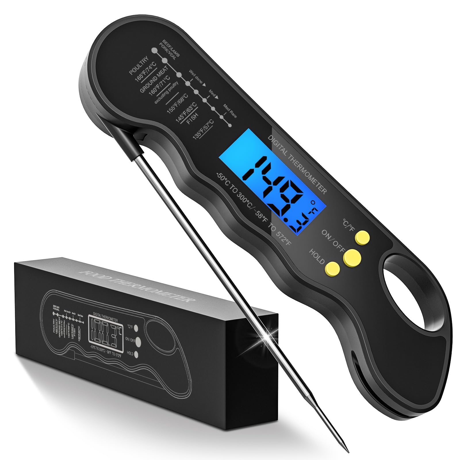 Fast-Reading Digital Meat Thermometer for Grilling, BBQ, and Cooking - Waterproof Instant-Read Food Thermometer with Backlight, Calibration, and Foldable Probe - Perfect for Steak, Turkey, and Baking