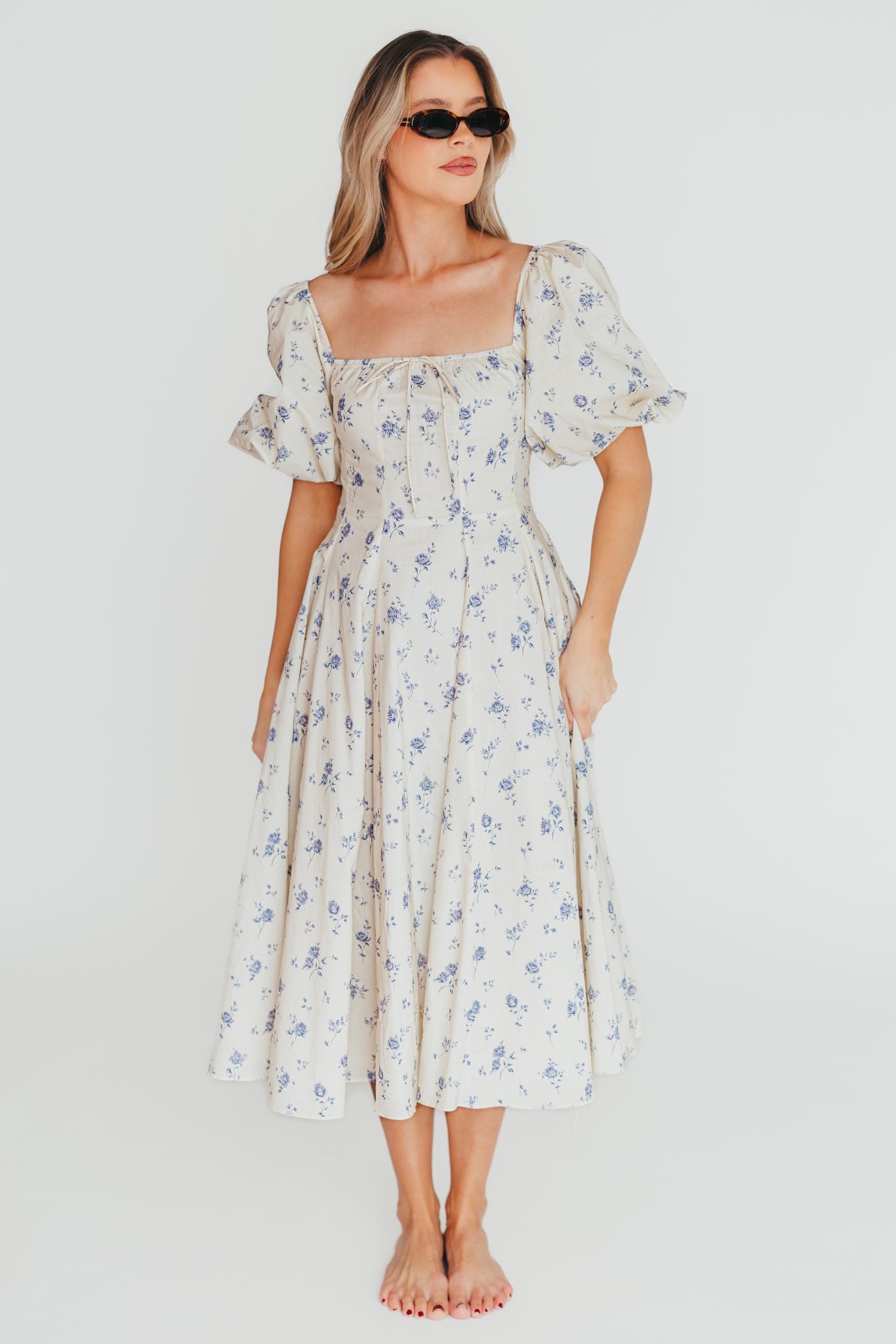 Olivia 100% Cotton Floral Printed Midi Dress in Ivory - Elegant Summer Dress for Women, Perfect for Beach Vacations, Garden Parties & Date Nights