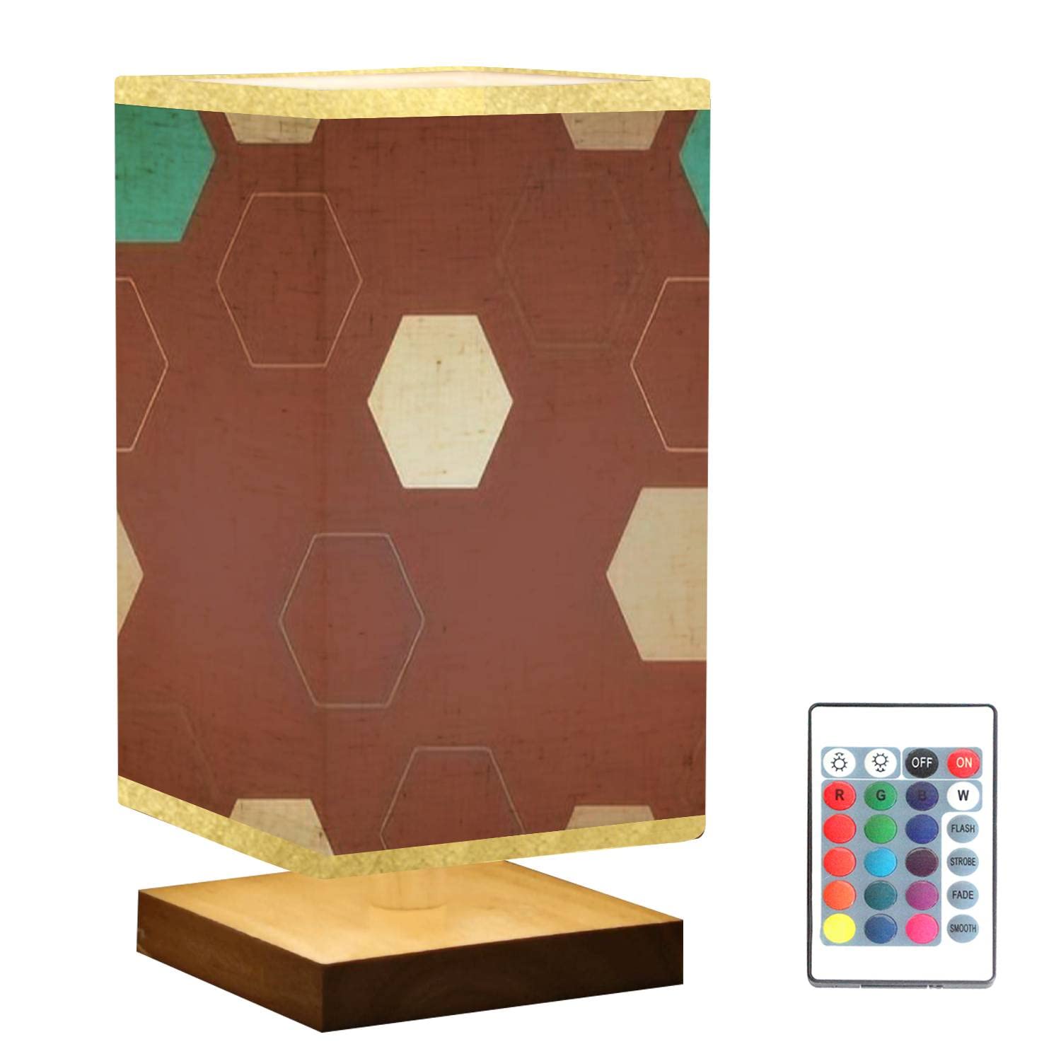 Hexagon Abstract Marbling Wooden Base Dimmable Nightstand Lamp - Watercolor Geometric Design with Flaxen Fabric Shade for Bedroom, Living Room & Office | Perfect Bedside Table Lighting for Reading & Relaxation