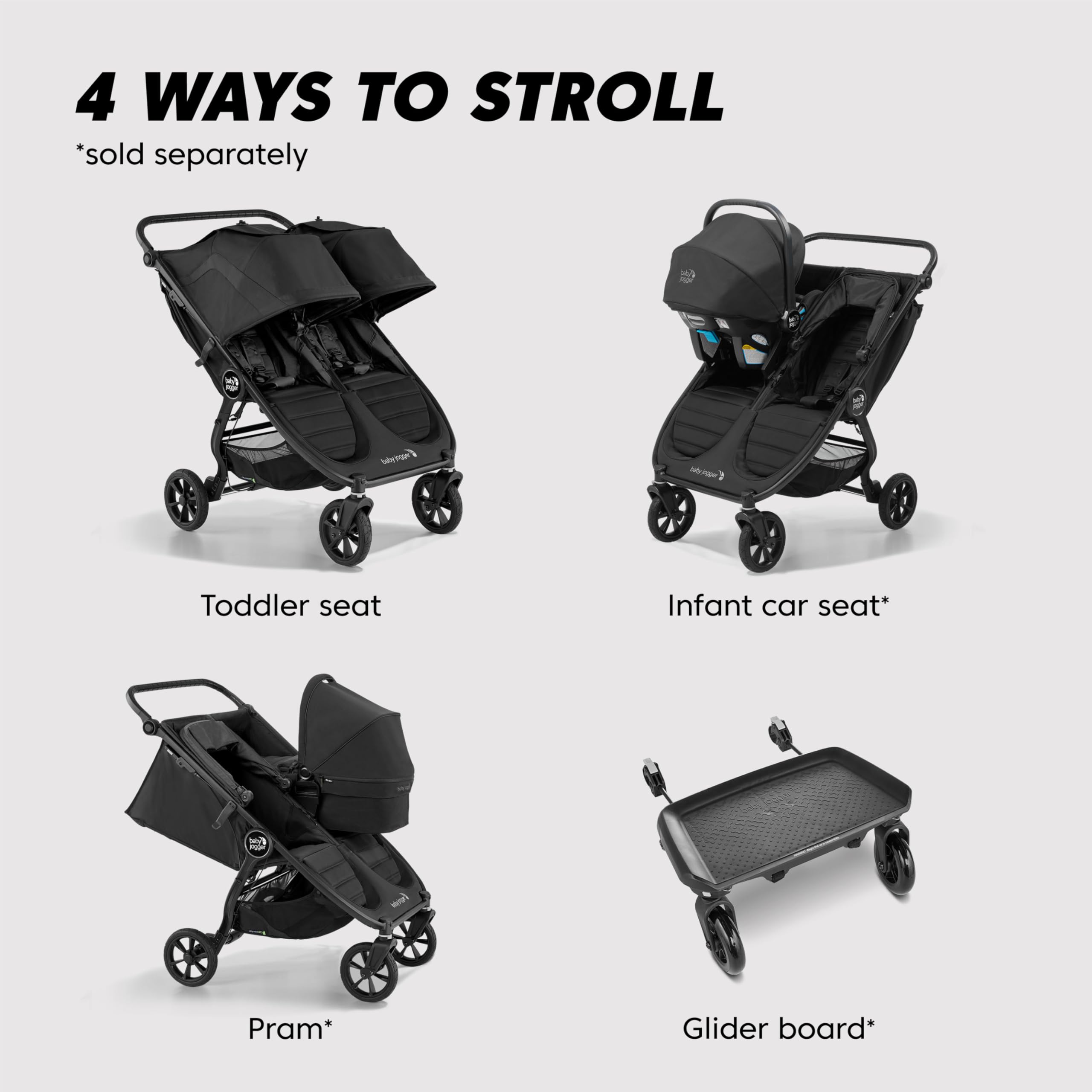 Baby Jogger City Mini GT2 All-Terrain Double Stroller for Toddlers - Lightweight Compact Foldable Design - Jet Black - Perfect for Running, Hiking & City Walks with Twins