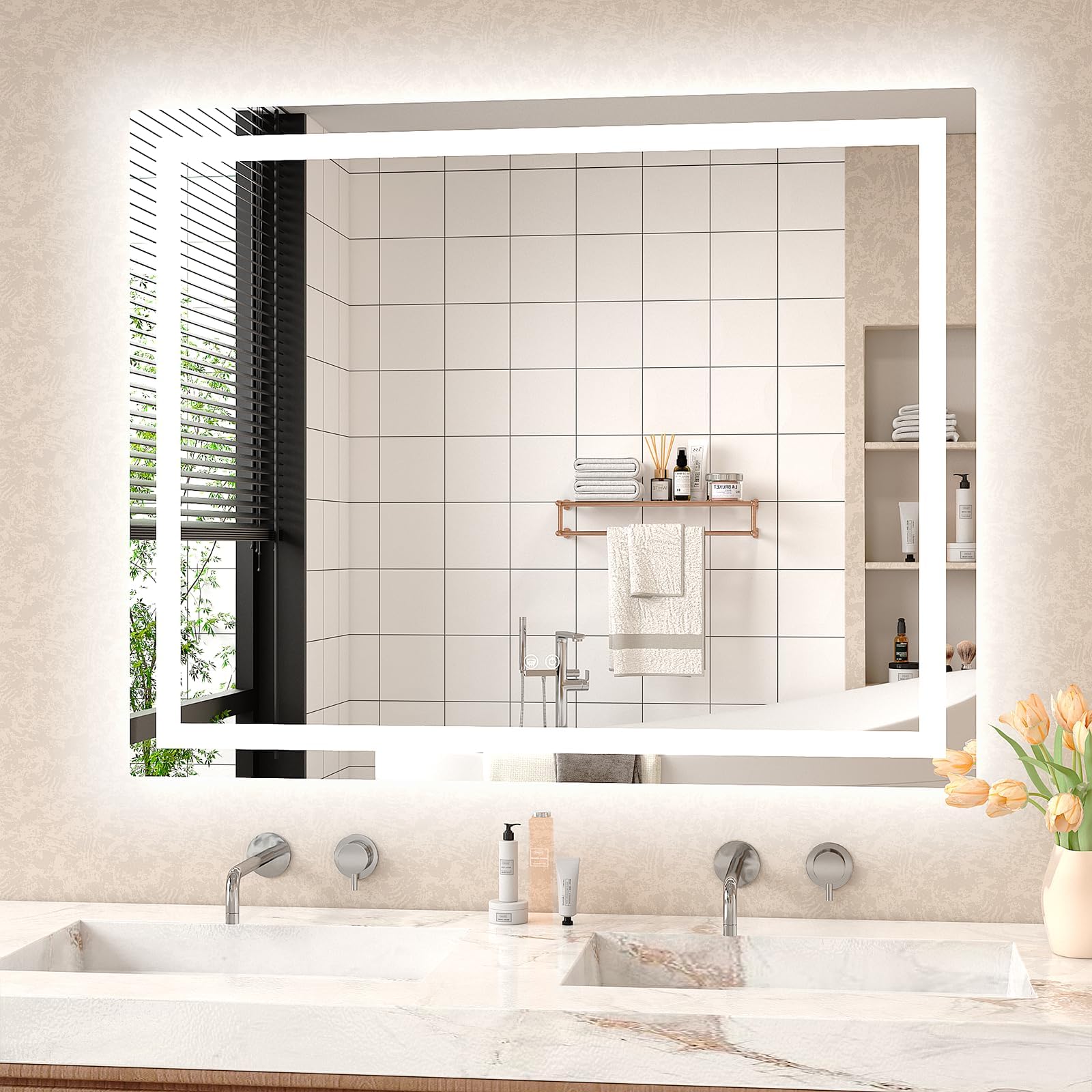 40x32 Inch Dimmable LED Bathroom Mirror with Anti-Fog & 3 Color Light Modes - Memory Function Vanity Mirror with Front/Back Lighting - Perfect for Makeup, Shaving & Home Decor