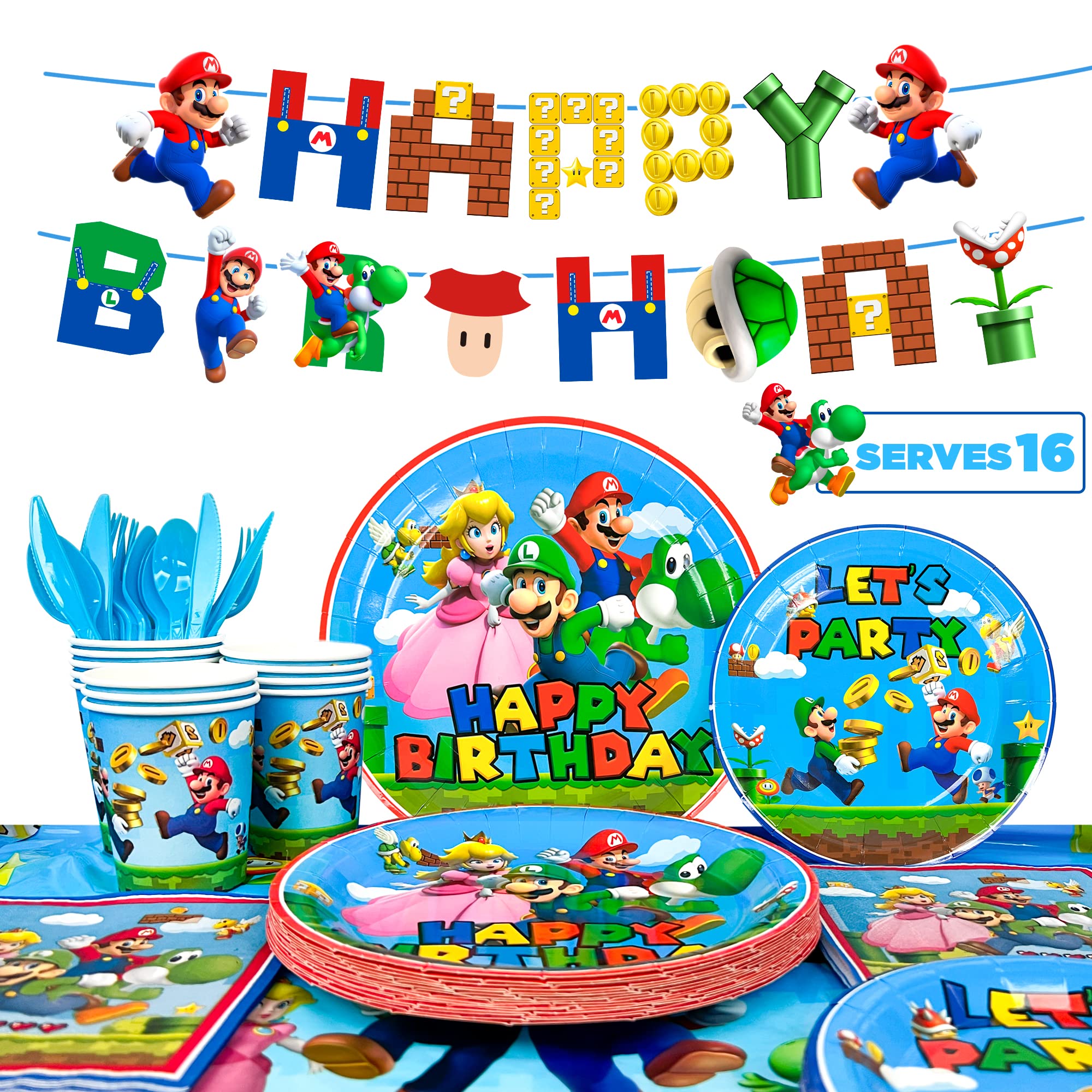 Super Mario Birthday Party Supplies Kit - 128pcs Mario Themed Tableware Set with Plates, Napkins, Cups, Tablecloth & Banner for Kids - Perfect for Boys/Girls Mario Theme Birthday Party Decorations - Great for Birthday Celebrations, Game Nights, and Themed Events