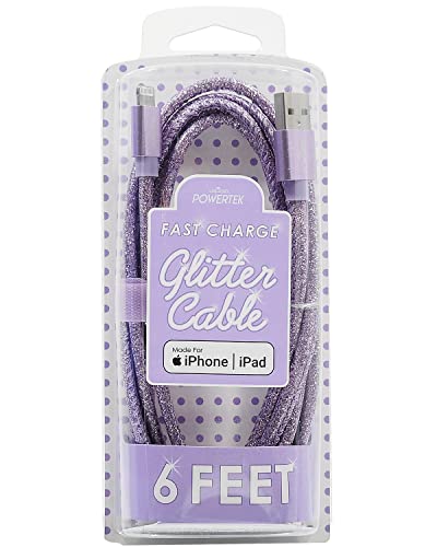 LIQUIPEL Powertek Glitter MFi Certified Fast Charging Cable - 6ft Lightning to USB Cable for iPhone 14/13/12/11/X/8/7/6, iPad & AirPods - Durable Purple Charger Cord for Home, Office & Travel