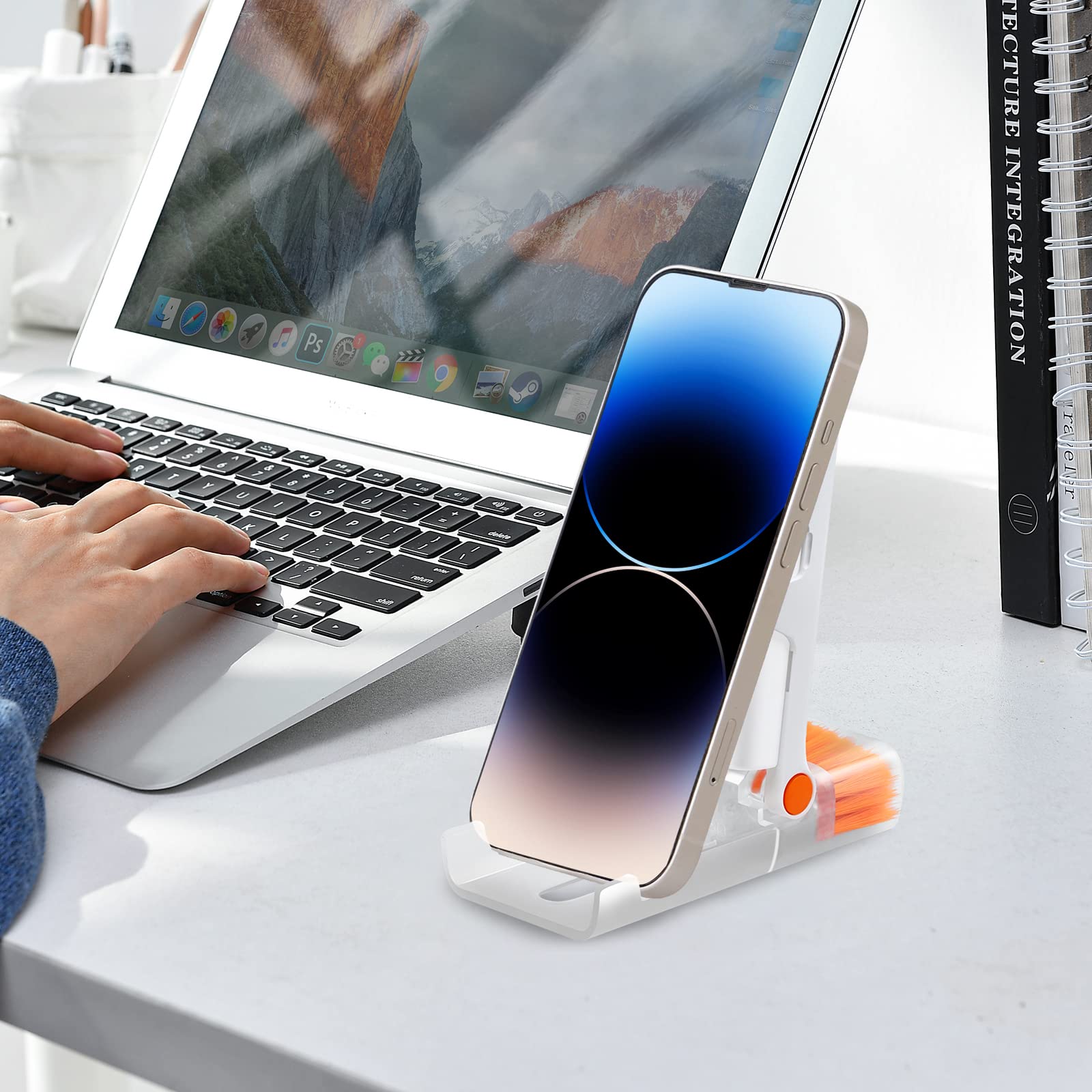 JiaTeums Keyboard Cleaner Kit with Microfiber Cloth & 5ml Mist Spray, Includes Cell Phone Stand - Ideal for Cleaning Laptops, MacBooks, iPhones, AirPods Pro, iPads, Headphones (Orange) - Perfect for Home, Office, and Travel Use