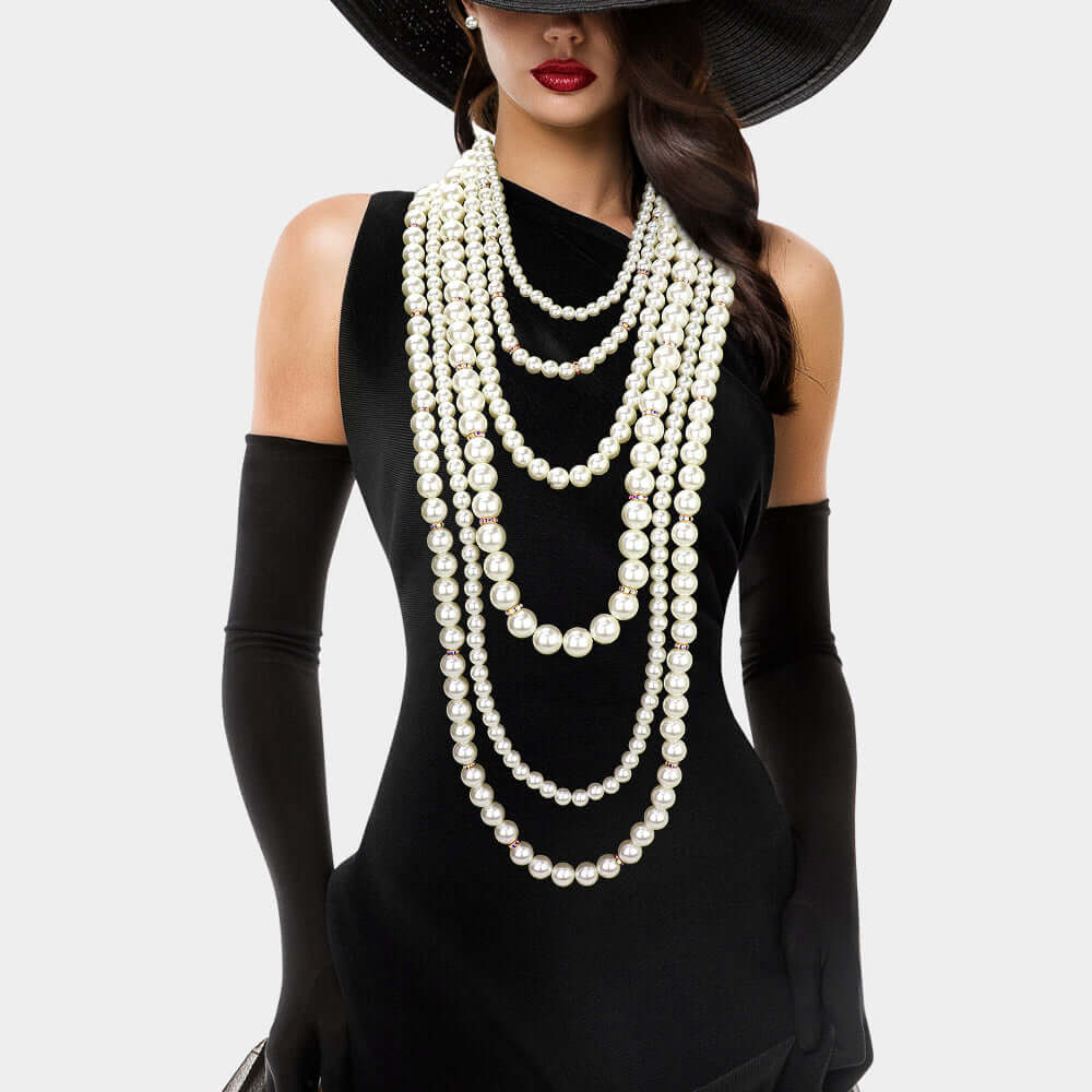 Elegant Cream Pearl Beaded Multi-Layered Long Necklace for Women - Perfect for Weddings, Parties & Formal Occasions