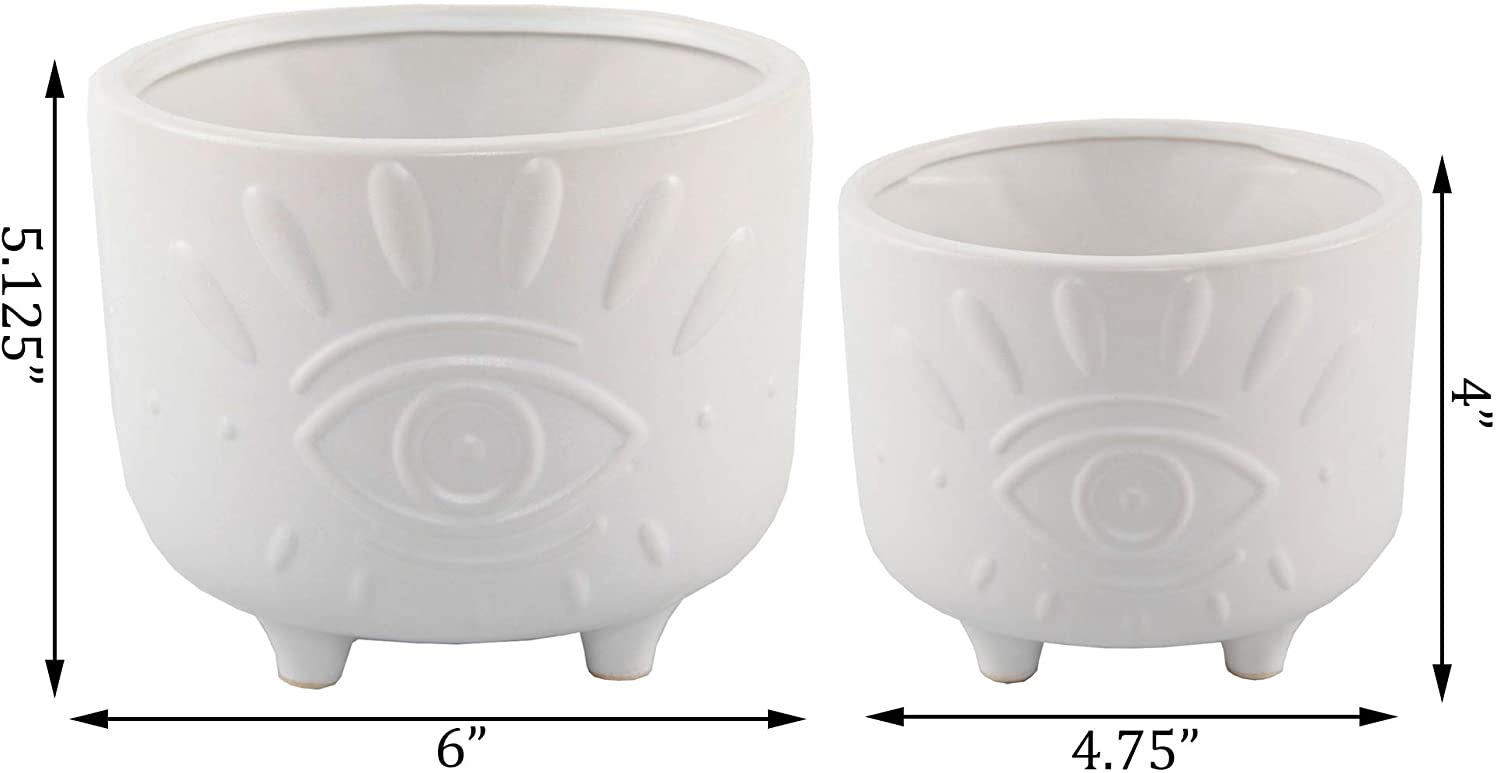 Flora Bunda 6IN & 4.75IN Evil Eye Ceramic Plant Pots with Stand, Set of 2, Matte White - Perfect for Home Decor, Office Plants & Succulent Arrangements
