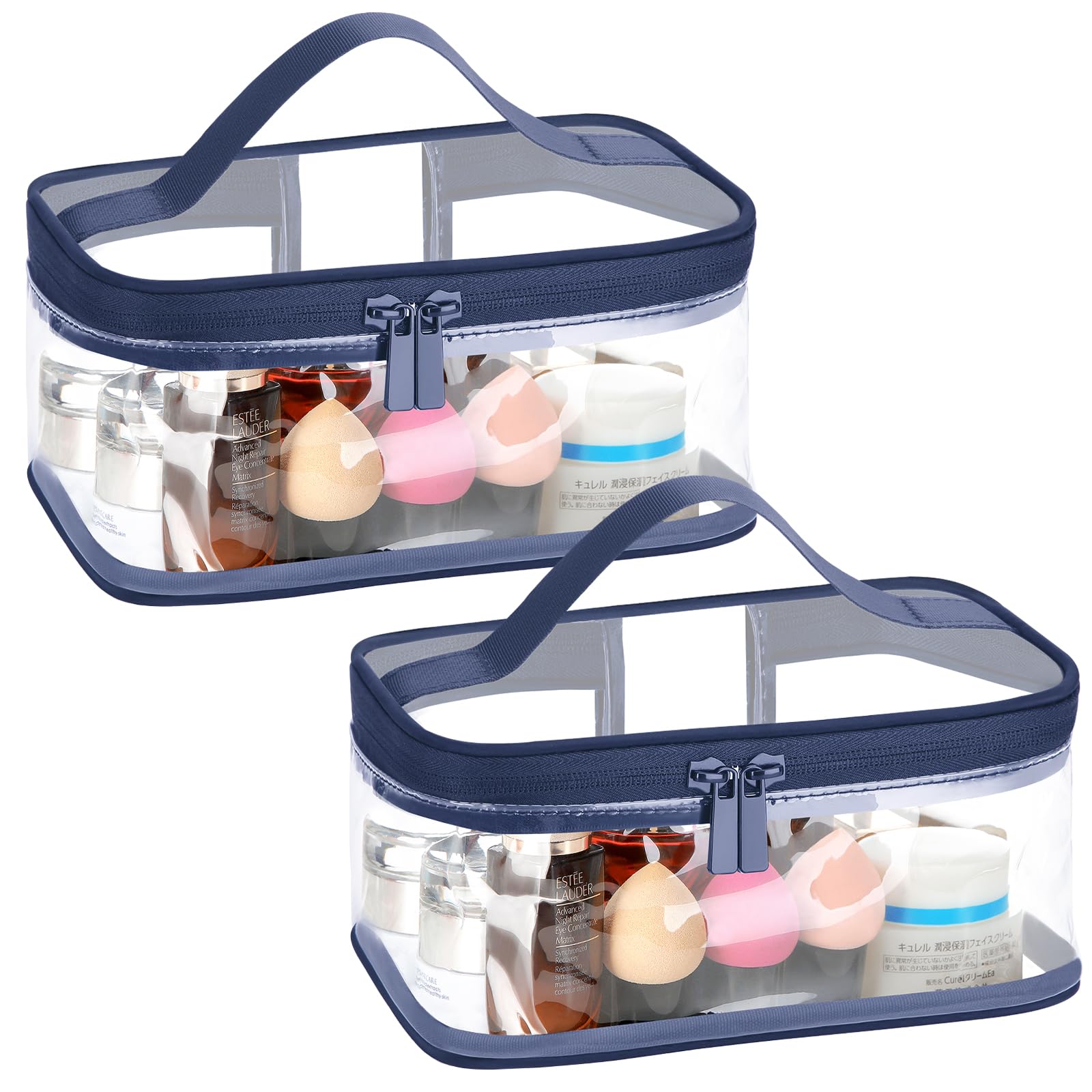 2 Pack Clear Makeup Bags for Travel - TSA Approved Waterproof Transparent Toiletry Organizer for Cosmetics | Perfect for Airplane Carry-On, Gym Essentials & Vacation Packing (Blue)