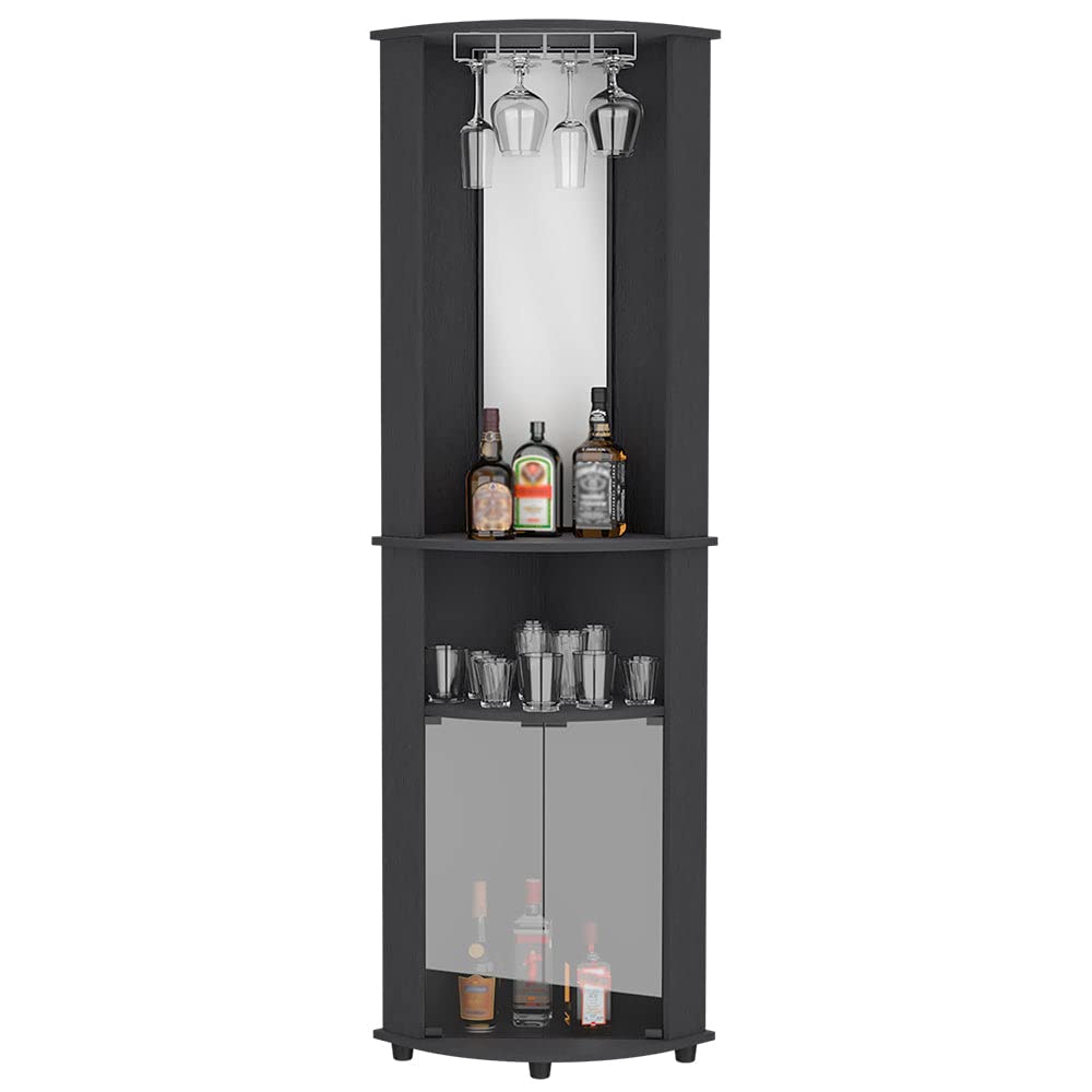 Bar Cabinet Corner Rialto - Modern Black Liquor Storage for Living Room, Dining Room & Home Bar | Space-Saving Corner Design for Wine & Glass Display