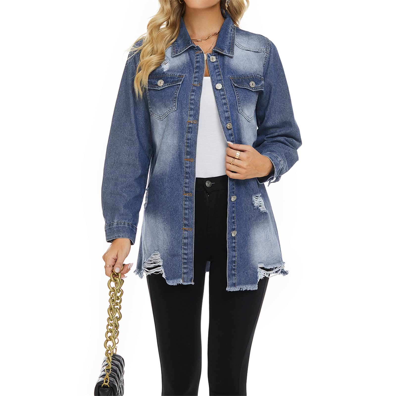 Women's Distressed Denim Jacket - Ripped Button Down Long Sleeve Casual Jean Coat for Everyday Wear, Street Style & Layering