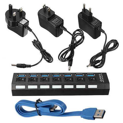7-Port USB 3.0 Hub with Individual On/Off Switches & Universal Power Adapter (US/EU/UK Plug) - Perfect for Home Office, Gaming Setup & Multi-Device Charging Station