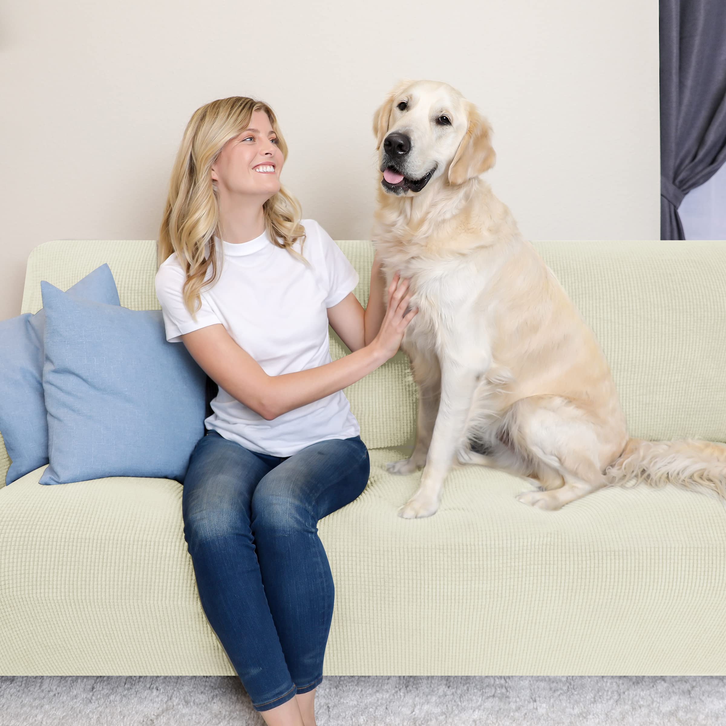 SUBRTEX Stretch Sofa Slipcover 2-Piece Set - Washable Jacquard Fabric Couch Cover for 3-Seater Sofa, Small Check Pattern (Ivory) | Perfect for Living Room Furniture Protection & Home Decor Upgrade