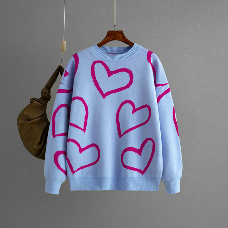 Stylish Round Neck Love Sweater - Loose Fit Pullover Sweater for Women 1948 | Cozy Casual Wear for Dates & Fall Outfits