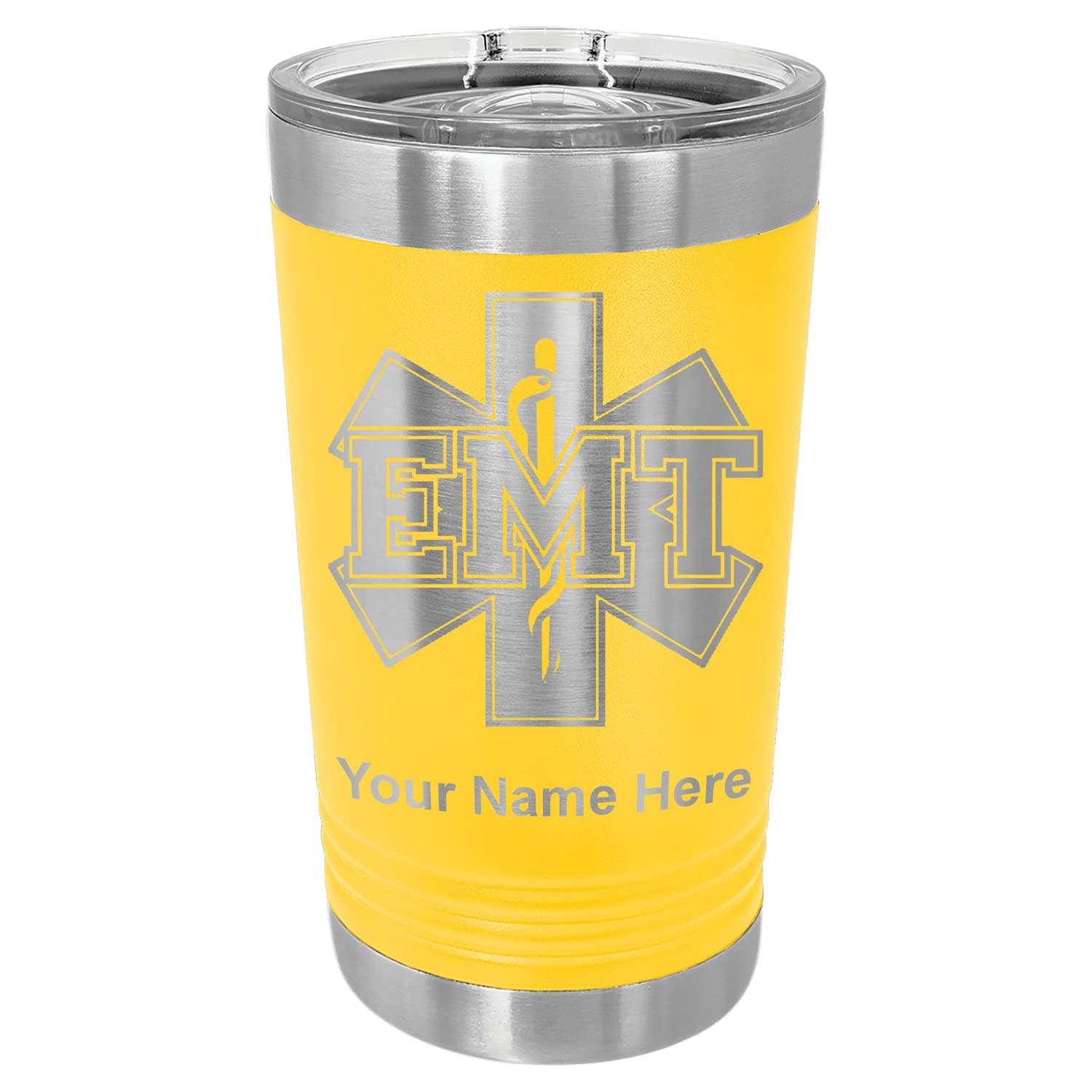 LaserGram 16oz Vacuum Insulated Stainless Steel Tumbler with Personalized Engraving - EMT Emergency Medical Technician Gift - Yellow - Perfect for Coffee, Tea & Cold Drinks at Work or Outdoor Adventures