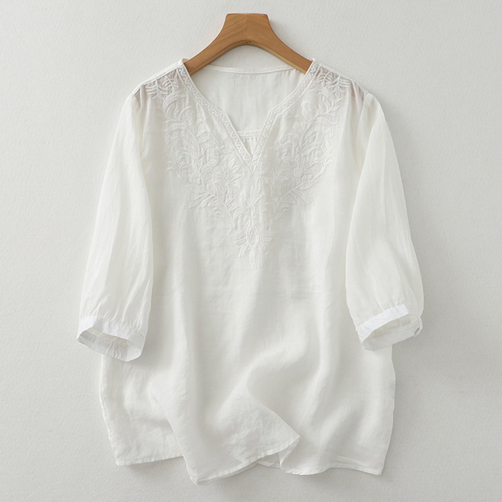 2024 Women's Summer Tops - Soft Cotton Linen V-Neck Short Sleeve T-Shirt with Embroidery | Casual Loose Blouse for Everyday Wear, Beach Outings & Office Outfits