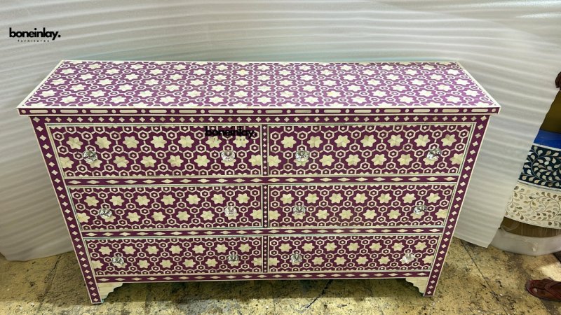 Handmade Bone Inlay Dresser with Six Drawers - Vintage Boho Bedroom Furniture for Storage & Organization