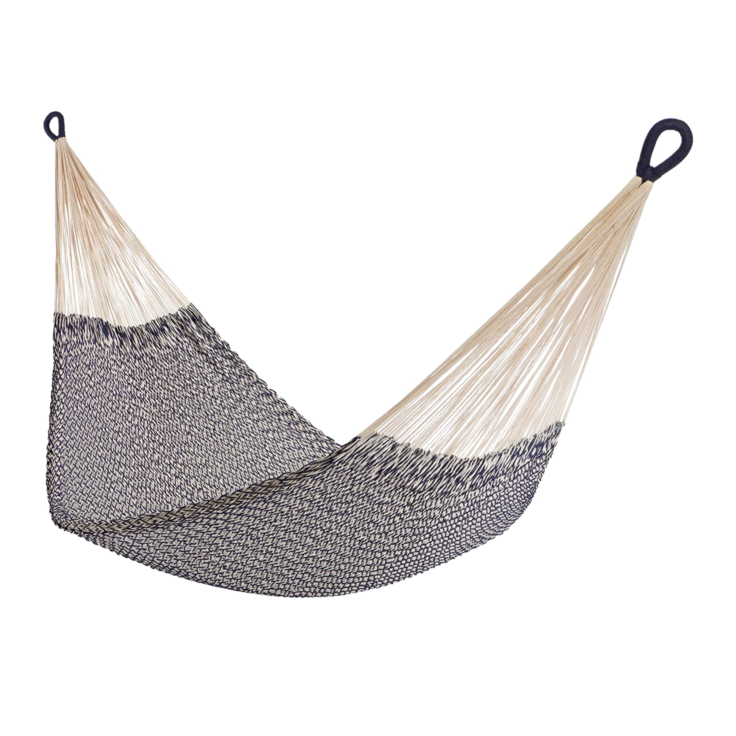 Premium Handwoven Cotton Rope Hammock - Double Size for 2 People (400lb Capacity) - 100% Natural & Eco-Friendly - Artisan Made Hanging Bed - Navy Blue & Off White - Perfect for Backyard, Beach, Camping & Patio Relaxation