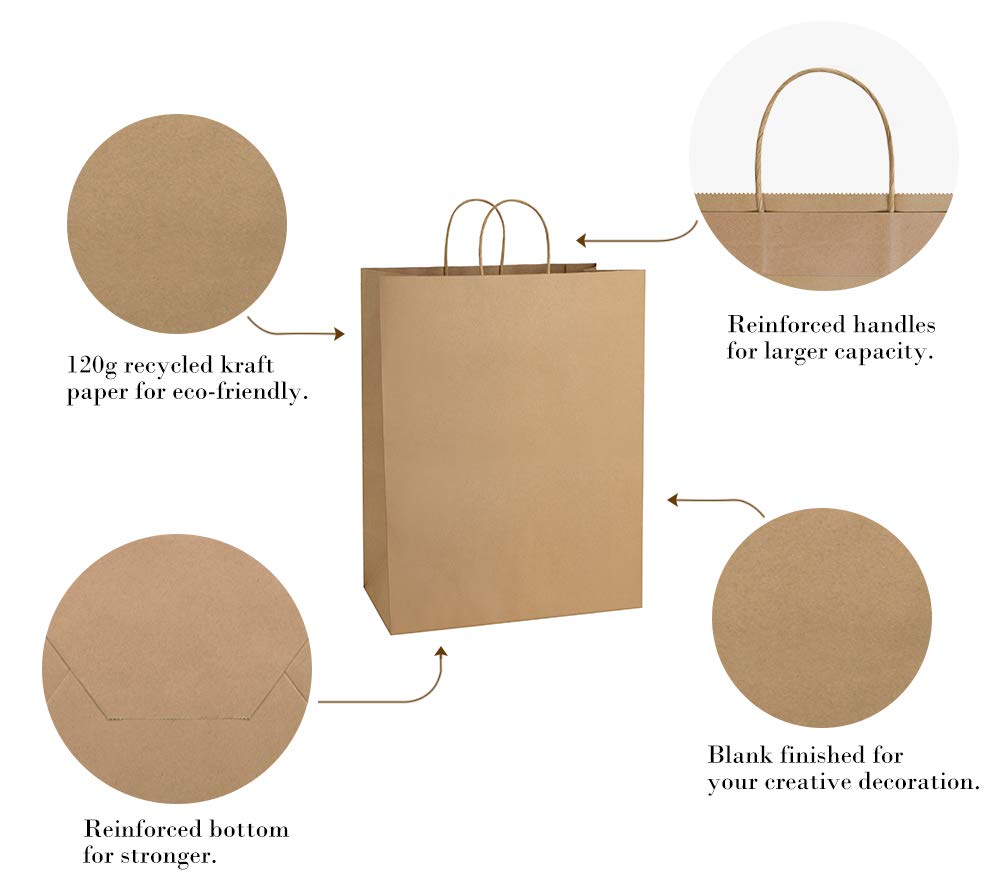 BagDream 13x7x17 Inches 50Pcs Recycled Brown Kraft Paper Gift Bags with Handles - Bulk Party, Shopping, Retail & Merchandise Bags for Weddings, Birthday Gifts, Store Packaging & Eco-Friendly Shopping