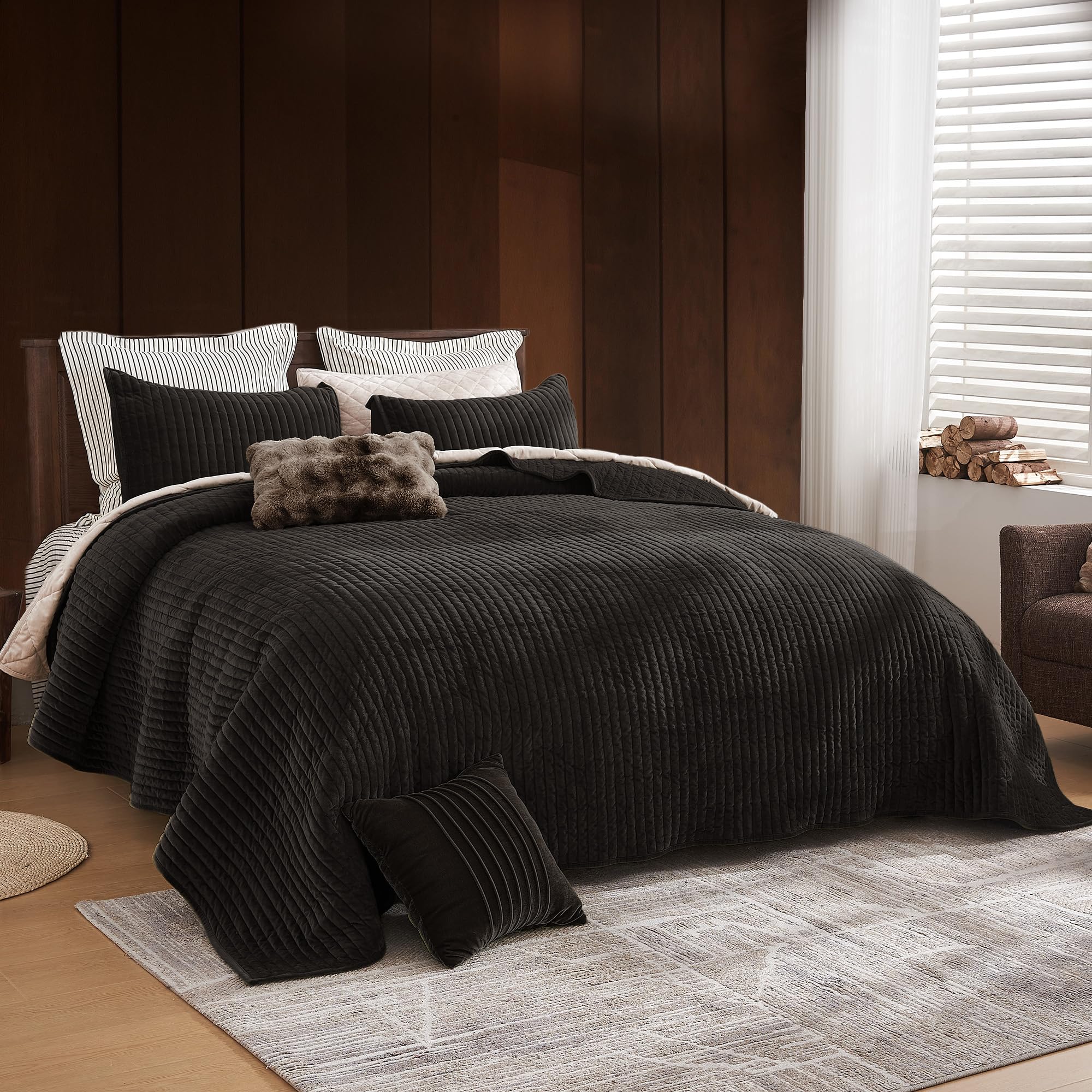 SHALALA Velvet Quilt King Size - Vertical Striped Bedding Set with Lightweight Velvet Comforter | Luxurious & Cozy Microfiber Bedspread Coverlet in Dark Brown | Perfect for Master Bedroom, Guest Room & Winter Warmth
