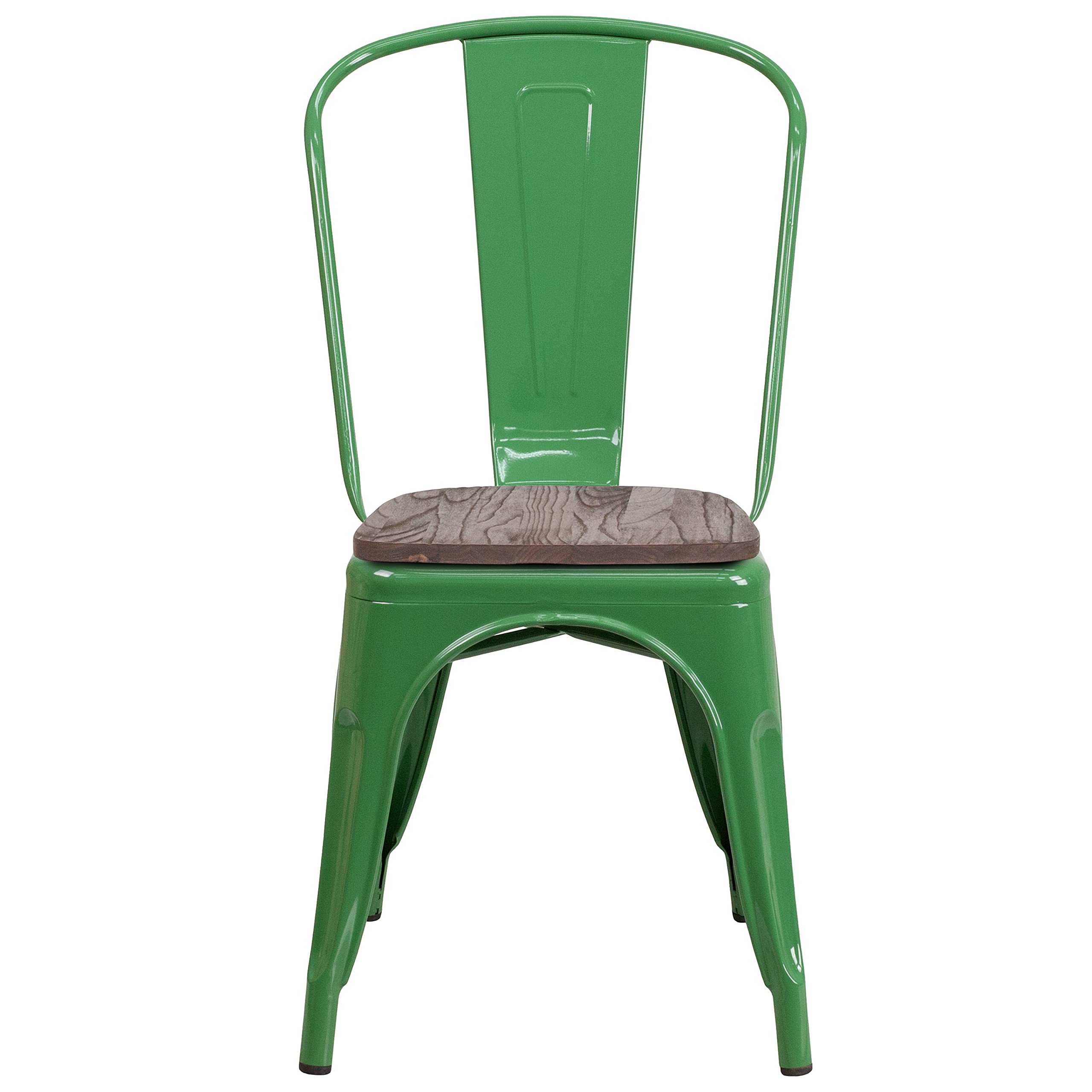 4 Pack Green Metal Stackable Chairs with Wood Seat - Commercial Restaurant & Bistro Chairs - Durable Indoor Outdoor Dining Chairs for Cafe, Patio, Kitchen, and Home Decor