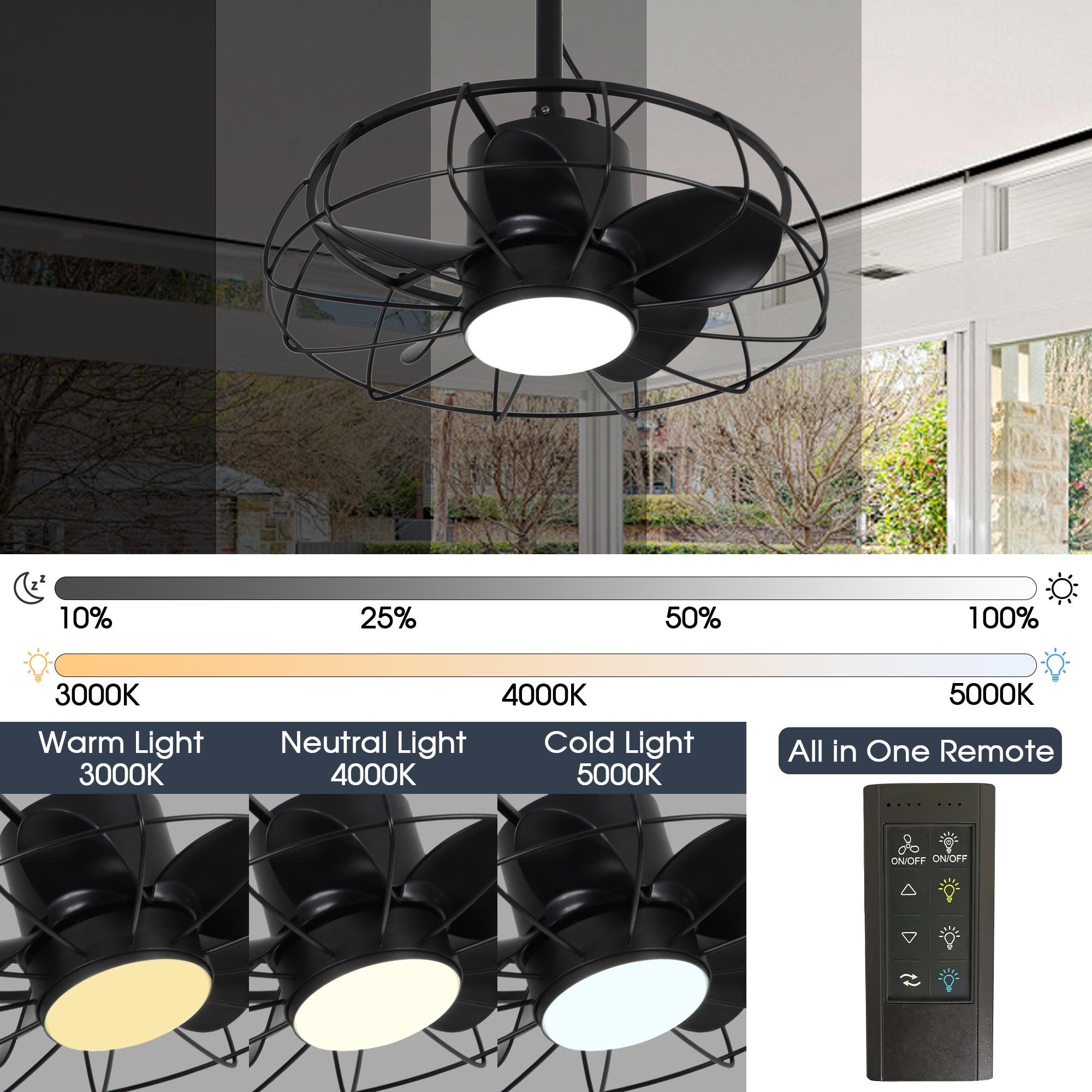 20 Inch Vistula Outdoor Ceiling Fan with DC Motor, Black Industrial Style, Hanging Buckle Downrod & Built-in Light - Perfect for Patio, Deck, and Covered Porch Cooling