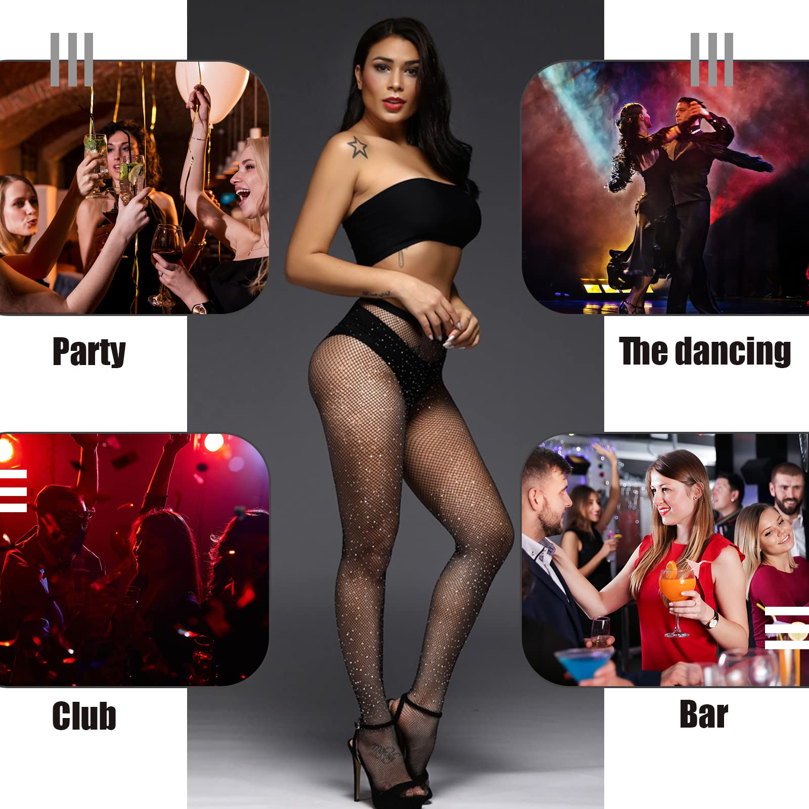 Sparkly Rhinestone Fishnet Tights Bodysuit for Women - High Waisted Diamond Glitter Stockings, Crystal Pantyhose - Perfect for Night Club, Party, Cosplay & Festive Occasions