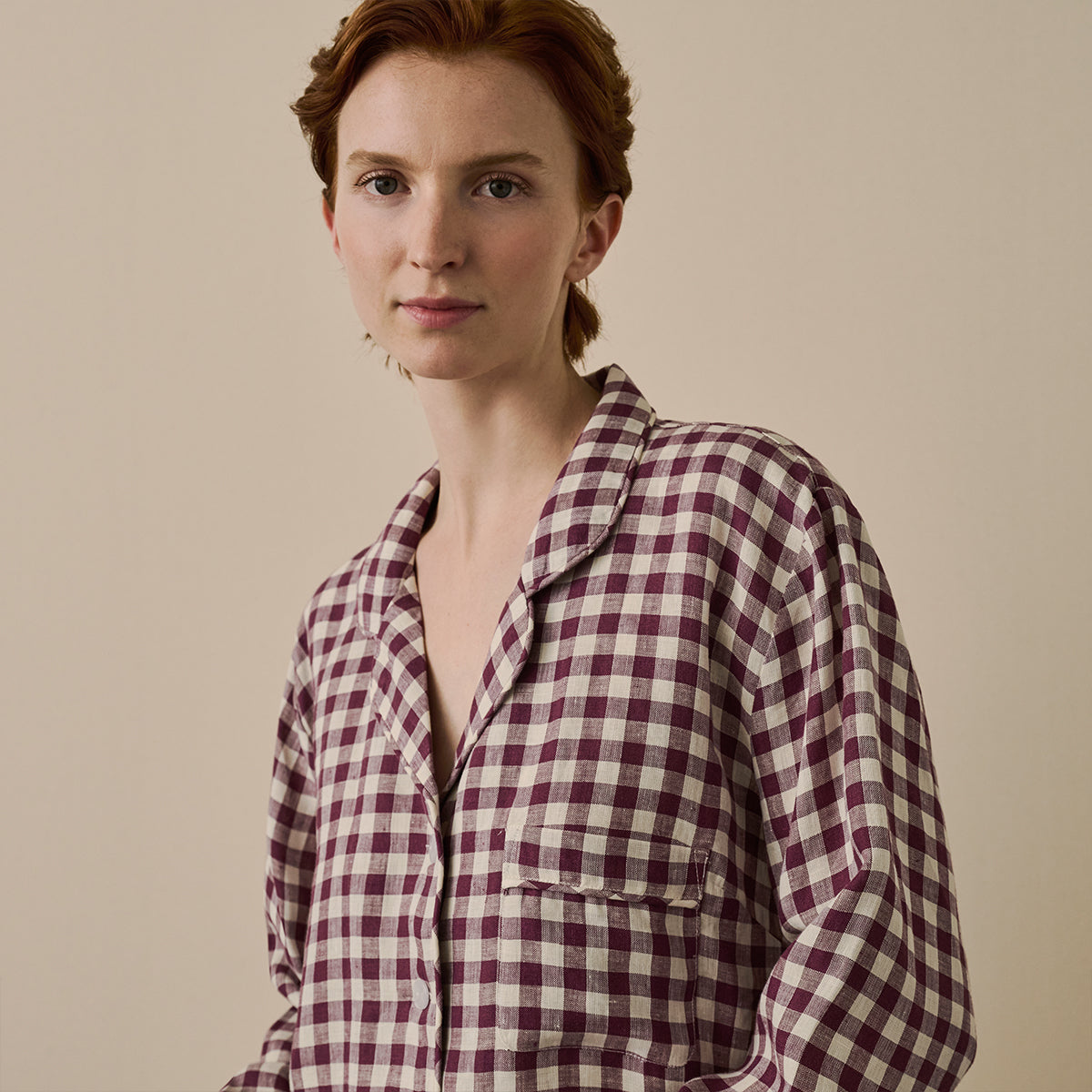 Stylish Berry Gingham Linen Night Shirt for Women - Soft & Breathable Sleepwear for Summer Nights - Perfect for Lounge, Vacation & Bedtime Comfort