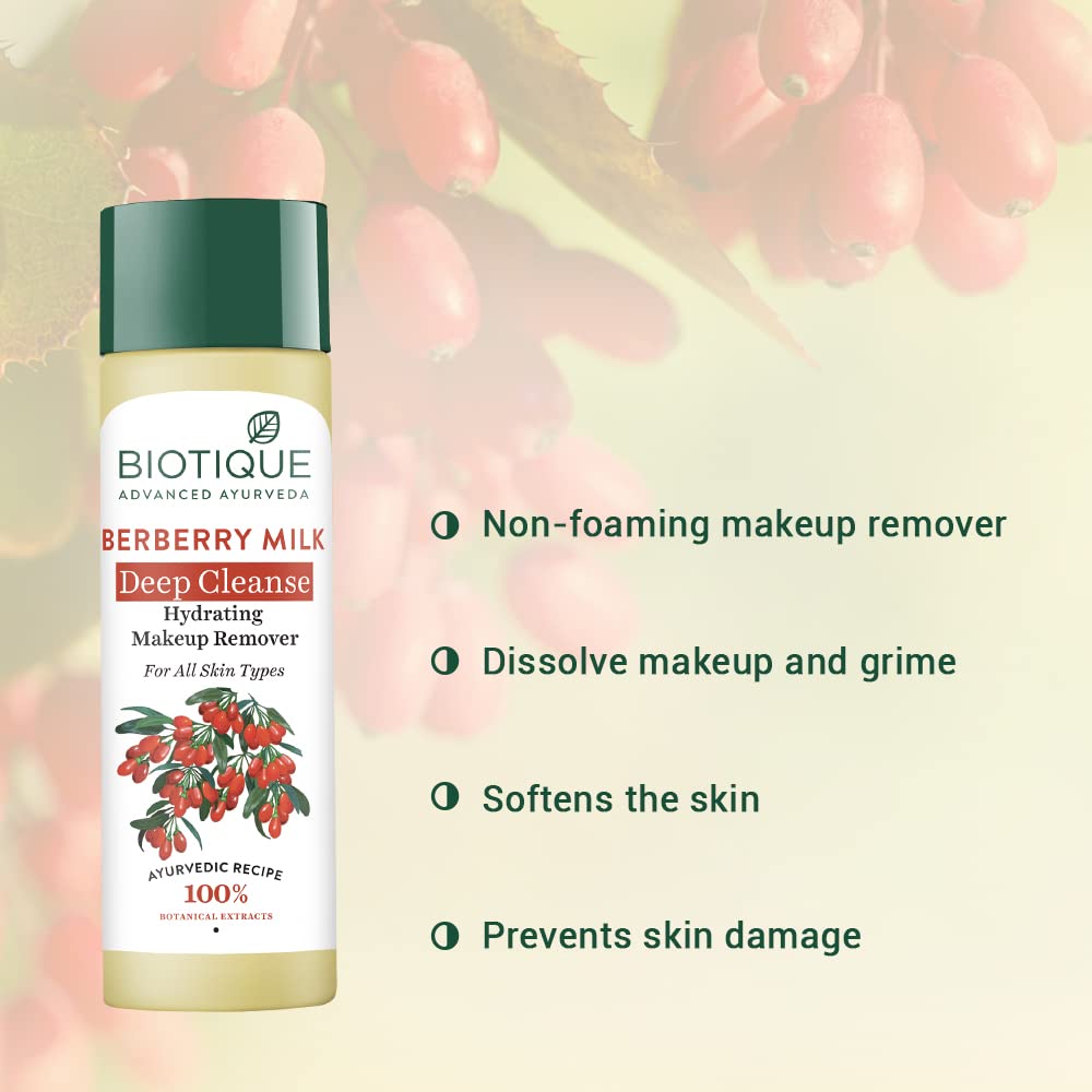 Biotique Berberry Milk Deep Cleanse Hydrating Makeup Remover for All Skin Types - 120ml | Gentle Facial Cleanser for Daily Use, Travel-Friendly Skincare Essential