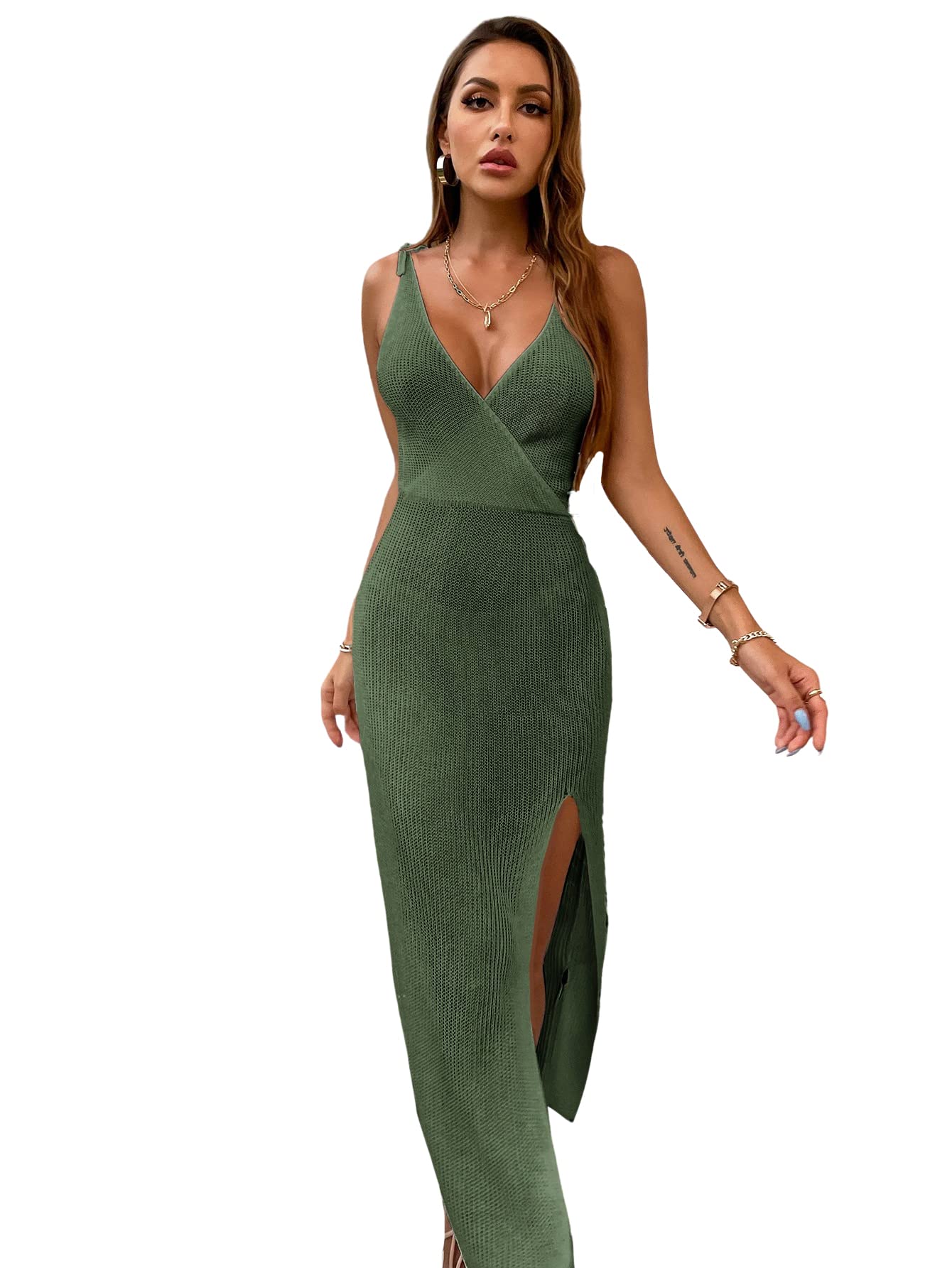 MakeMeChic Women's Wrap Knitted Cover Up - Sleeveless Deep V-Neck Beach Dress with Side Split | Perfect for Pool, Vacation & Summer Outfits