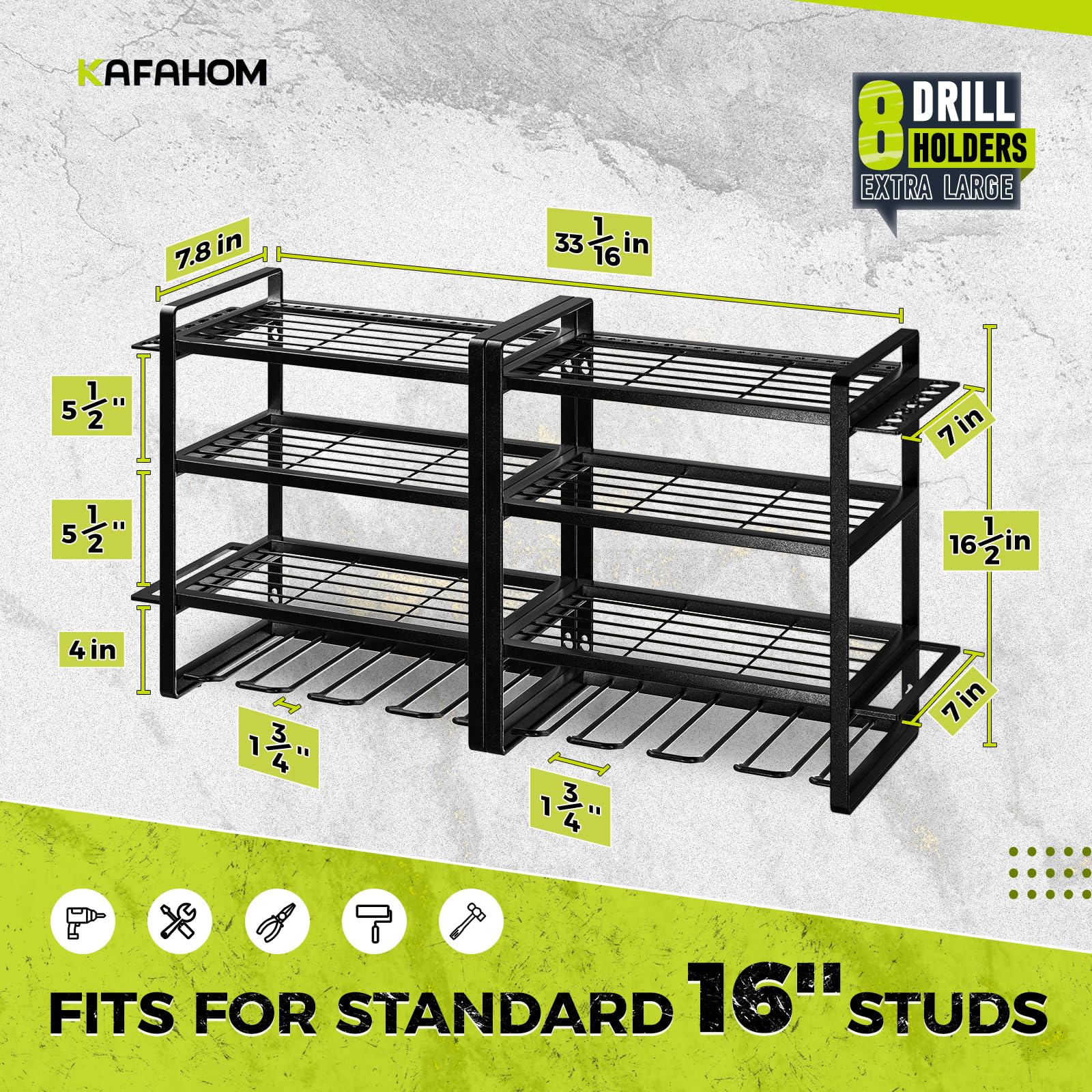 KAFAHOM 8 Drill Holder Wall Mount Tool Organizer - 4 Layer Garage Storage Rack for Power Tools, Screwdrivers, Pliers & Hammers | Perfect for Workshop, Garage & DIY Projects