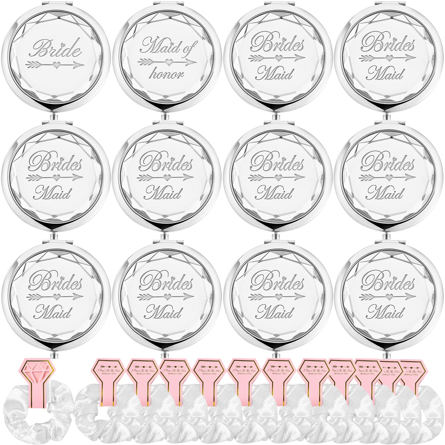 12-Piece Bridal Party Makeup Mirror Set - Includes 1 Bride Mirror, 1 Maid of Honor Mirror & 10 Bridesmaid Mirrors with 12 Hair Ties - Perfect for Bachelorette Parties, Bridesmaid Proposals & Wedding Favors (Silver)