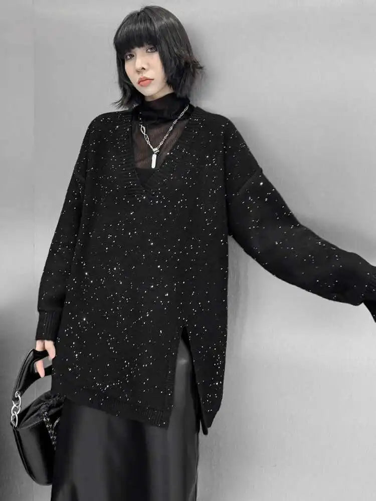 Black Sequin Slit Knit Sweater for Women - V Neck Long Sleeve Pullover Plus Size Fashion Top for Spring & Fall 2025 | Perfect for Parties, Date Nights & Holiday Outfits (Style 1DH9222)