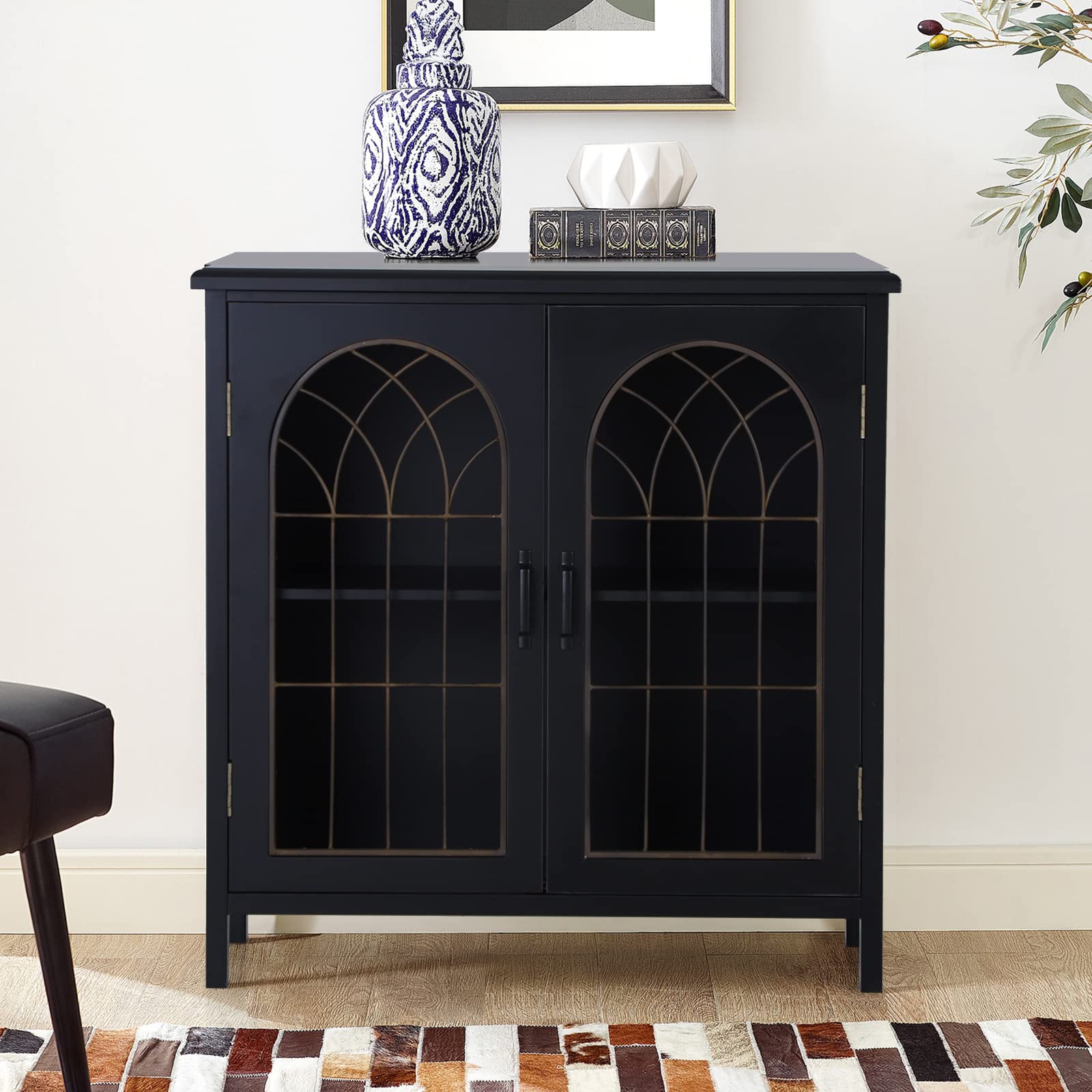 Sophia & William Distressed 2-Door Accent Cabinet with Metal Church Window Design - Entryway Storage Cabinet, Living Room Display Cabinet for Home Decor & Organization