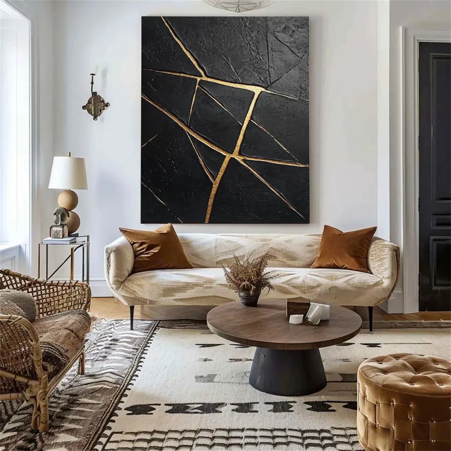 Black Gold Minimalist Textured Painting Canvas - Modern Abstract Wall Art for Living Room, Bedroom & Office Decor | Premium Quality #MZ121