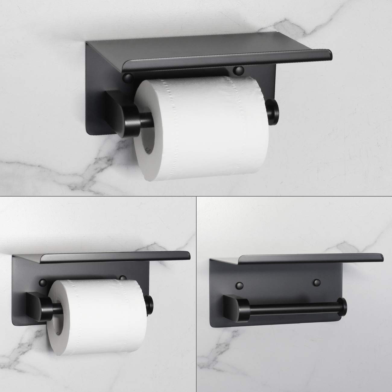 Modern Matte Black Toilet Paper Holder with Shelf - SUS 304 Stainless Steel Bathroom Accessory - Wall Mounted Paper Towel & Phone Storage - Perfect for Small Bathrooms, Powder Rooms & RV Baths
