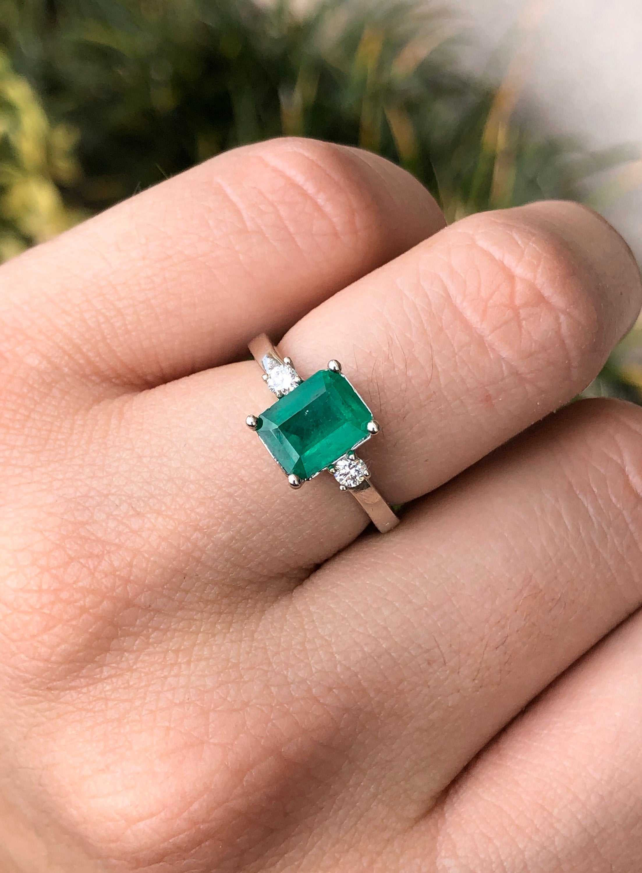 2.0tcw Three Stone Emerald & Diamond Ring in 14K White Gold - Elegant Engagement, Wedding, Anniversary Jewelry Gift for Her