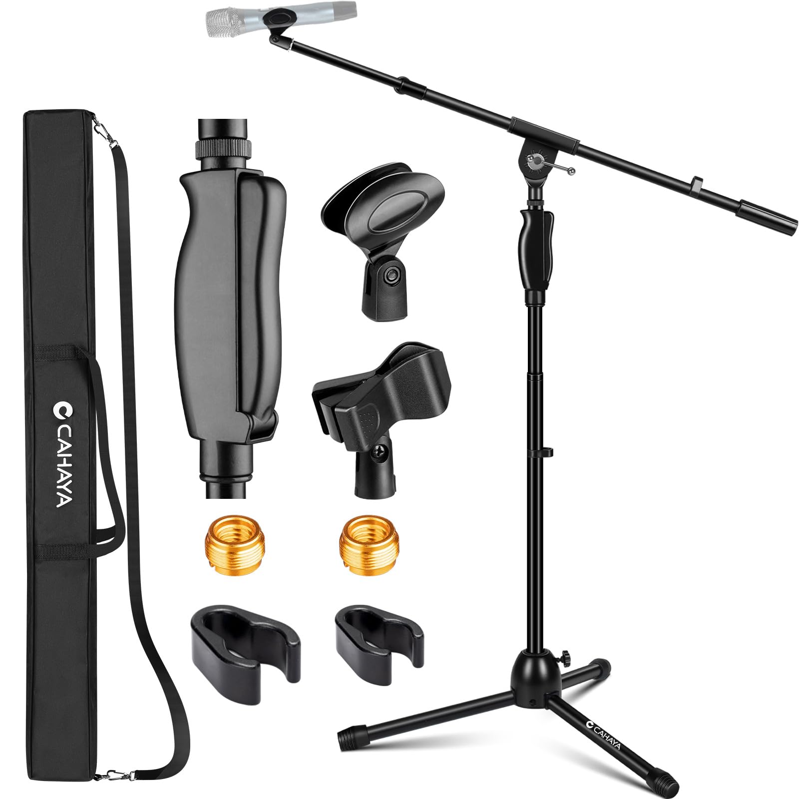 CAHAYA Tripod Microphone Stand with Boom Arm - One-Button Release Floor Mic Stand, Portable with Carrying Bag & 2 Mic Clips - Perfect for Singing, Performance, Wedding Stage, Meeting & Live Streaming (Model CY0362)