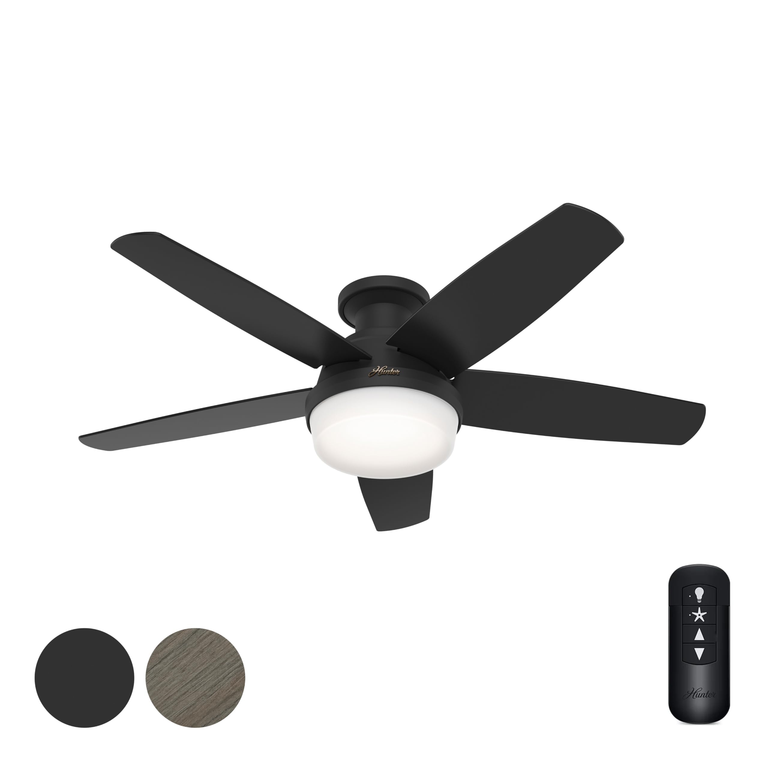 Hunter Fan 48 Inch Black Ceiling Fan with LED Light Kit & Remote Control - Low Profile Energy Efficient Indoor Ceiling Fan for Bedroom, Living Room, Office - Perfect for Home Cooling and Air Circulation